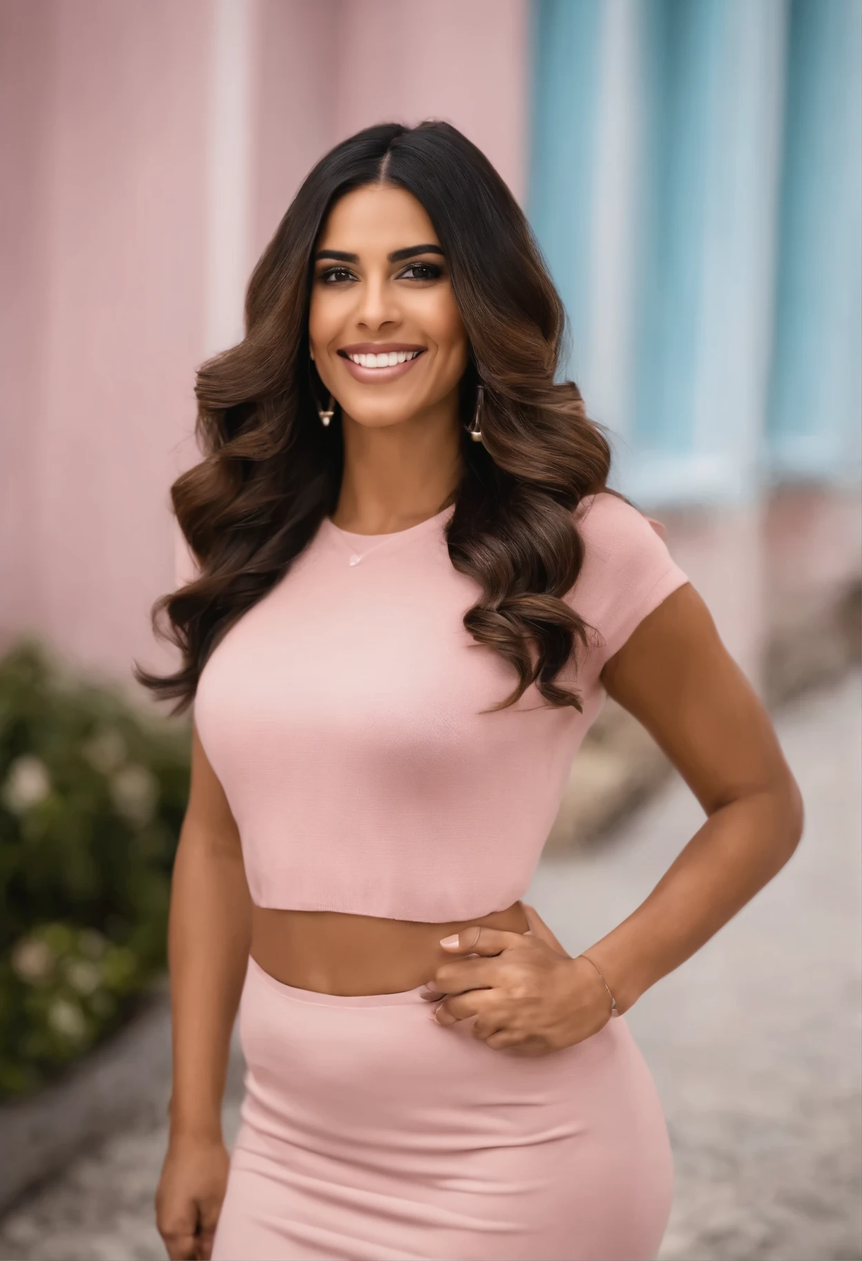 Mulher de 38 anos, morena, sorriso cativante, tirando selfie, cabelos longos, cabelos preto ondulados, elegant evangelical woman, Pink sweater, saia, saia rasgada,White sneakers, cena vitrine de loja, foto realista, hiperrealista, foto corpo inteiro