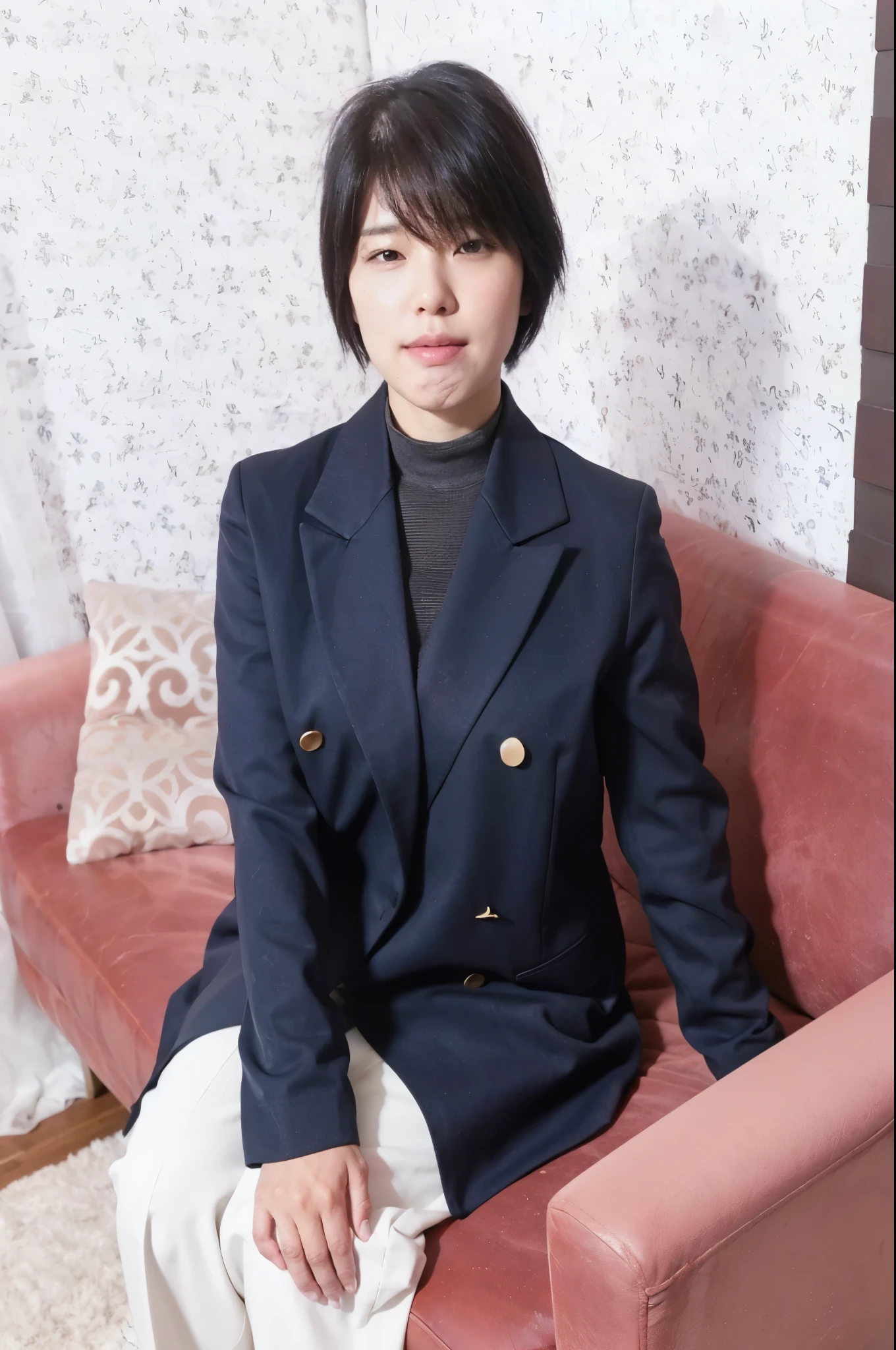 Best quality, masterpiece, ultra high res, (photorealistic:1.4), raw photo, closeup, in coffeeshop, deep shadow, dark theme, sitting down, leather jacket,  