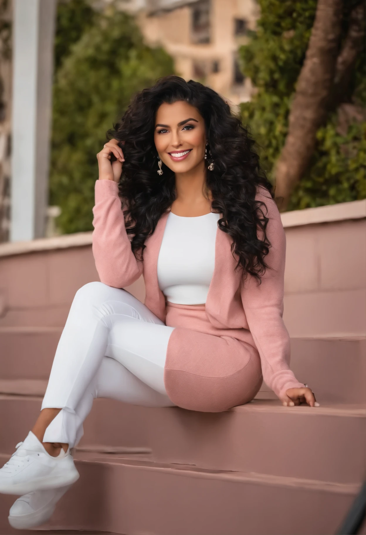 Mulher de 38 anos, morena, sorriso cativante, tirando selfie, cabelos longos, cabelos preto ondulados, elegant evangelical woman, Pink sweater,  saia,  saia rasgada,White sneakers, cena vitrine de loja, foto realista, hiperrealista, foto corpo inteiro 