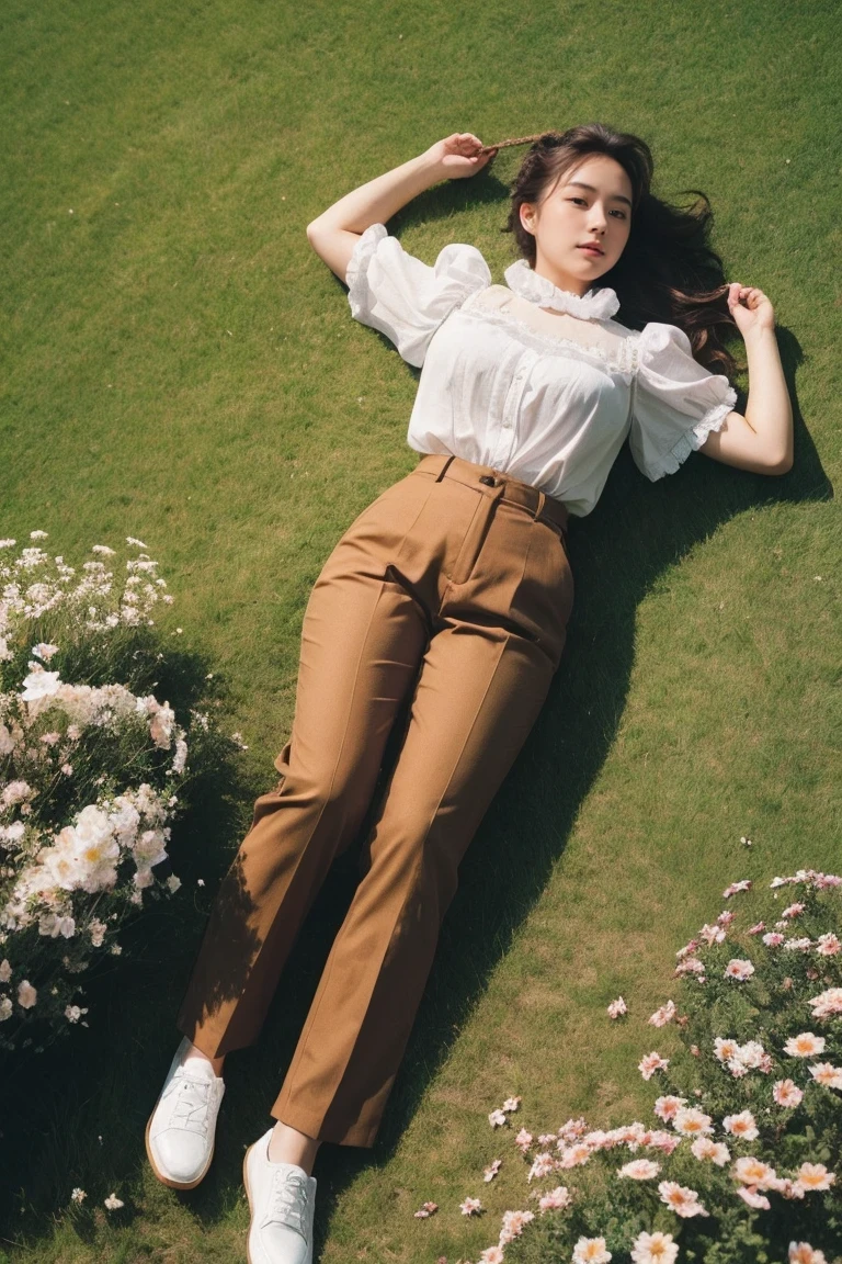 1girl,french braid,frilled shirt,lying on the grass,too many flowers,film grain,brown pants,from above,on back,dutch angle,