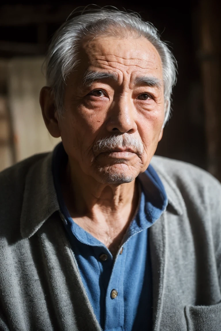 A Chinese elderly man, a farmer, with wrinkles on his face, dark skin, no light in his eyes, thick pores, messy beard, gray and sparse hair, and a sad expression on his face, reminiscing about his sad past. His left eye shed a tear, and he was wearing old clothes from the 1980s. He sat on a wooden bench in a dilapidated room, dimly lit Best quality, masterpiece, stunning details, rich details, blockbuster movies, cinematography, realism, surrealism, a plethora of details, 35mm photograph, film, bokeh, professional, 4k, highly detailed,cinematic photo
