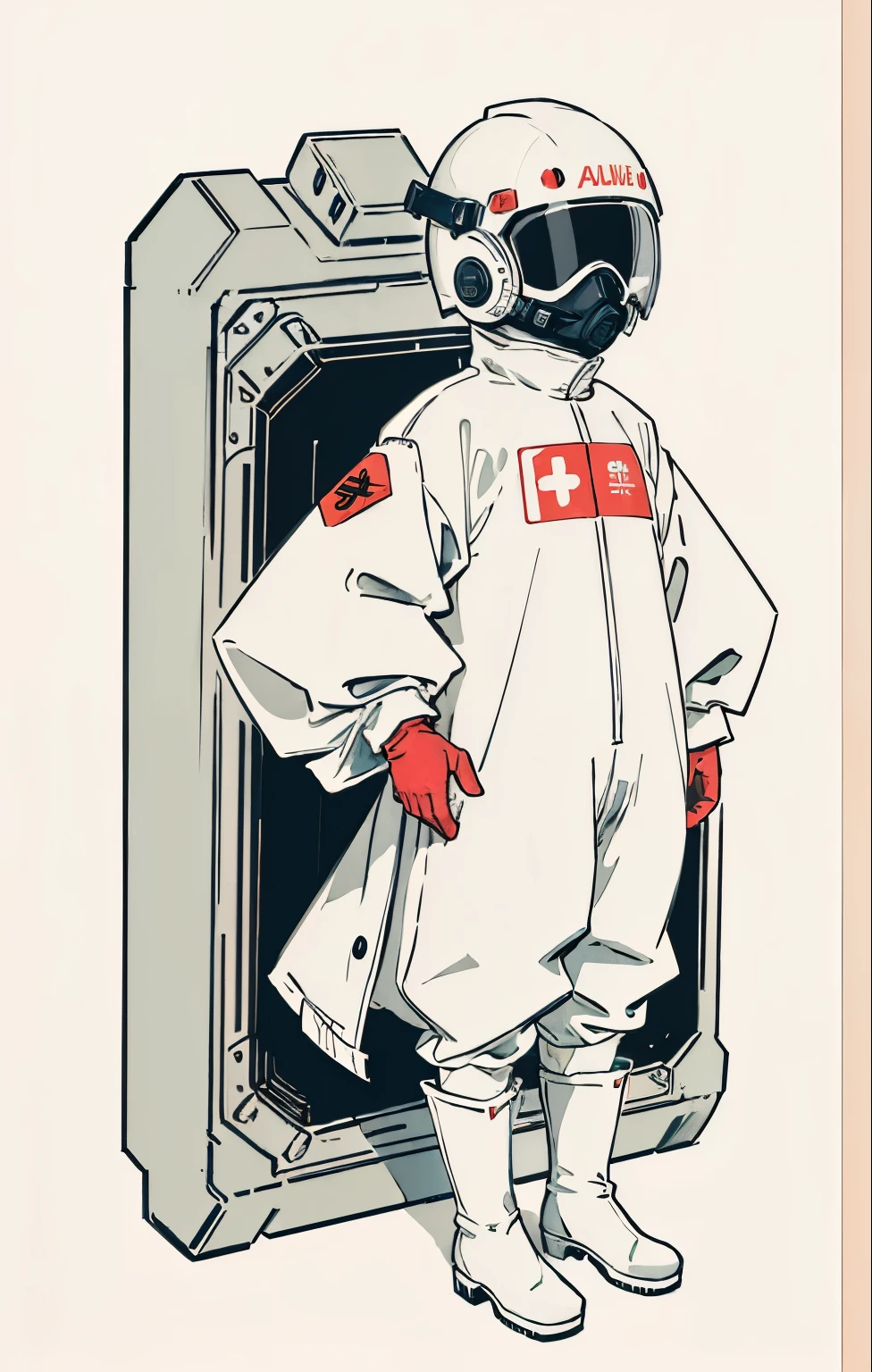 (ultra detailed,ultra high res,detailed background),((2D)),((flat color)),((muted color)), 1solo, looking at viewer, white hazmat suit, (big red galoshes), plush collar, full body image, square helmet