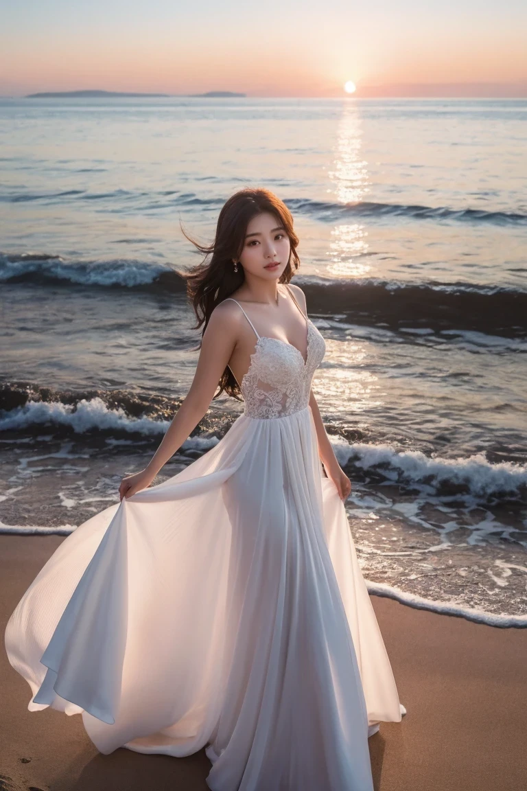 1girl, wedding gown, upperbody, seashore, sunset,dynamic angle,