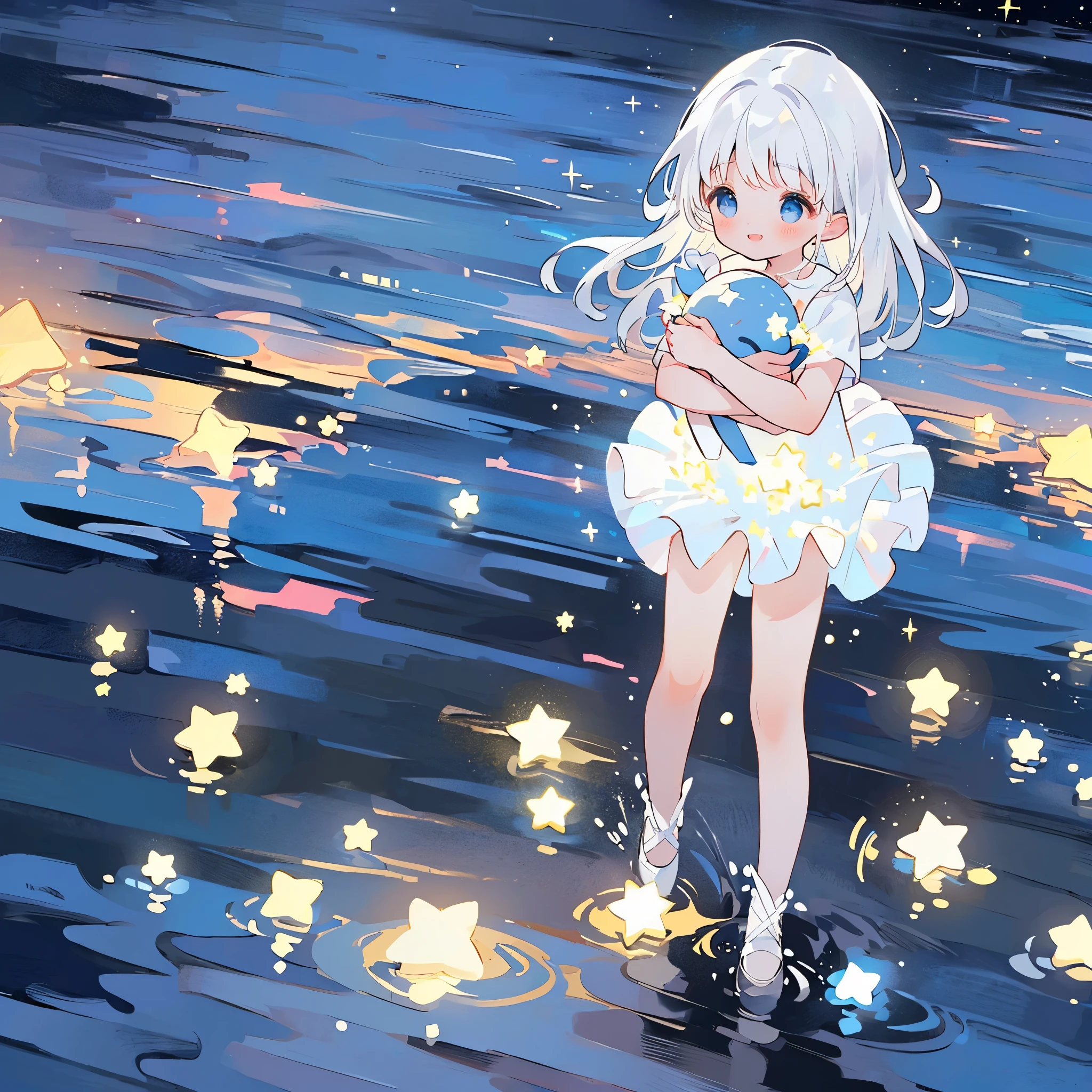 an ocean of stars, night sky, colorful, ethereal, ((((charming girl in a white tutu holding an armful of glowing stars))), white hair, walking on the water, Her smile was filled with tenderness and joy, giant crescent white moon dipping into the water in the background