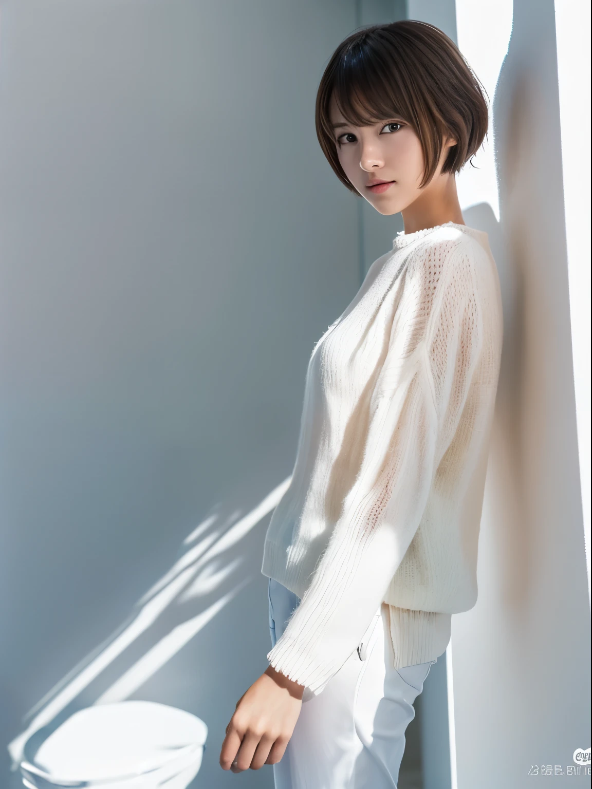 ((masterpiece,top-quality)), (photographrealistic:1.4),((masutepiece,8K)),hight resolution,Studio Soft Light, Rim Lights, vibrant detail, realistic skin textures,Japanese, 1 beautiful woman, short Hair, wave hair, faint thin bangs, make - up, 38 years old, Detailed skin, long-sleeve tunic blouse, wide-leg pants, Standing, White background, White Room,white walls, fully body photo, looking at viewer