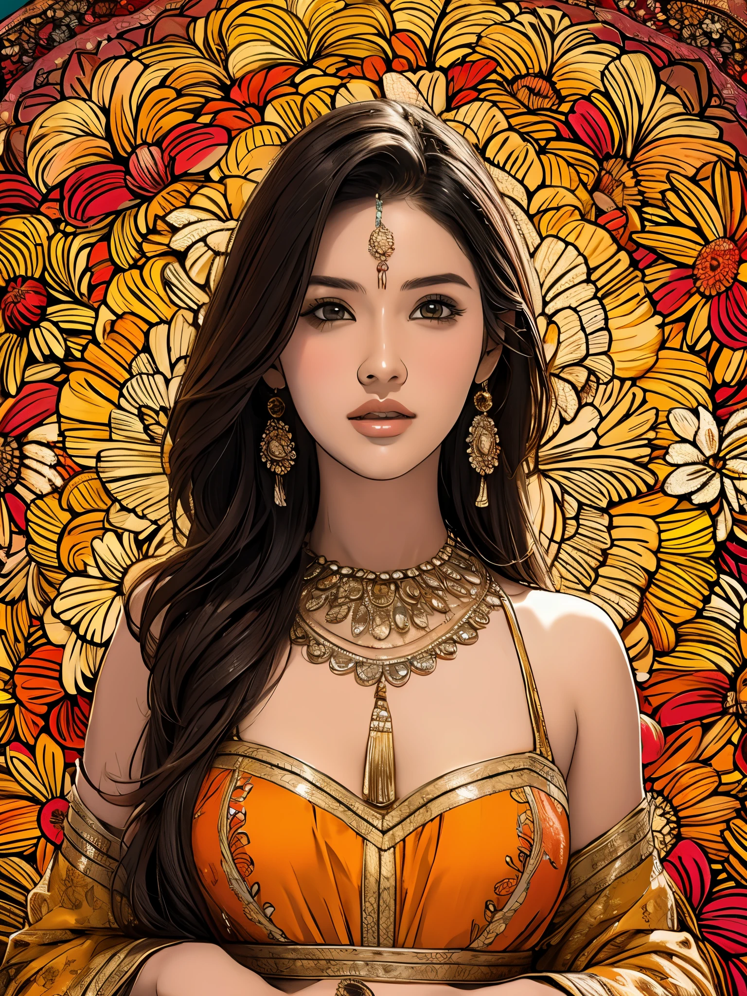 "masterpiece:1.2,highres,official artwork,beautiful detailed:1.2,emphasizing her upper body.The indian girl is surrounded by one flower,extremely detailed,colorful vibrant scene.The artwork showcases the beauty of fractal art:1.3 in the most complex and detailed way possible."