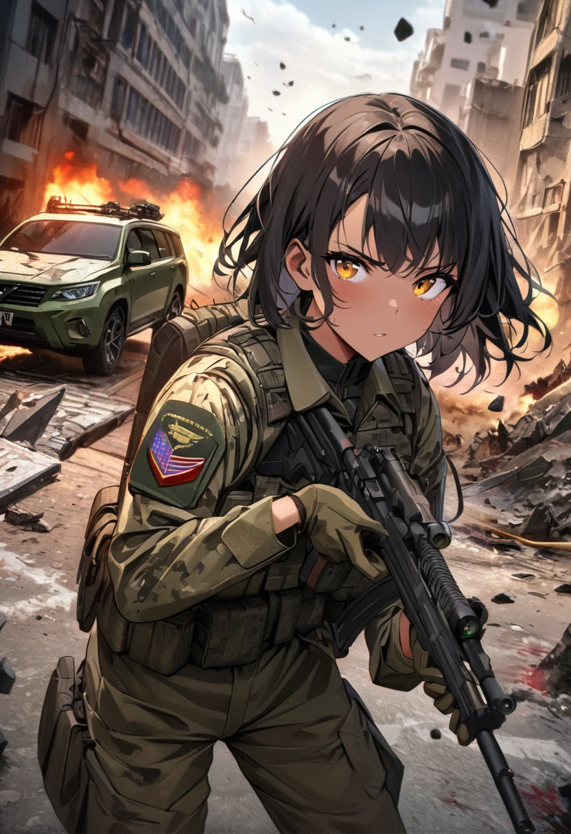 (masterpiece), (best quality), illustration, super detailed, high dynamic range, depth of field, (colorful), ,,This is a masterpiece that exudes exceptional quality. The illustration is ultra-detailed, Using HDR technology to create a sense of depth. Theme is original, gritty, and astonish artwork, bright colors，Full of modern warfare elements. (26 year old:1.3), (Filipino Woman:1.3), (Short black hair:1.3), (tanned bronze skin:1.2), (Agile Physique:1.03), (Wearing: USA marine corps uniform, camouflage military uniform, bullet proof vest, pants, utility belt, armor and gloves), Located in the streets of a ruined city. The woman is a soldier. She's holding and firing a rifle. The woman's face is stained with blood. She's looking into the camera with a fierce and serious gaze. Debris, smoke, shattered glass and ruined cars are in the surroundings
