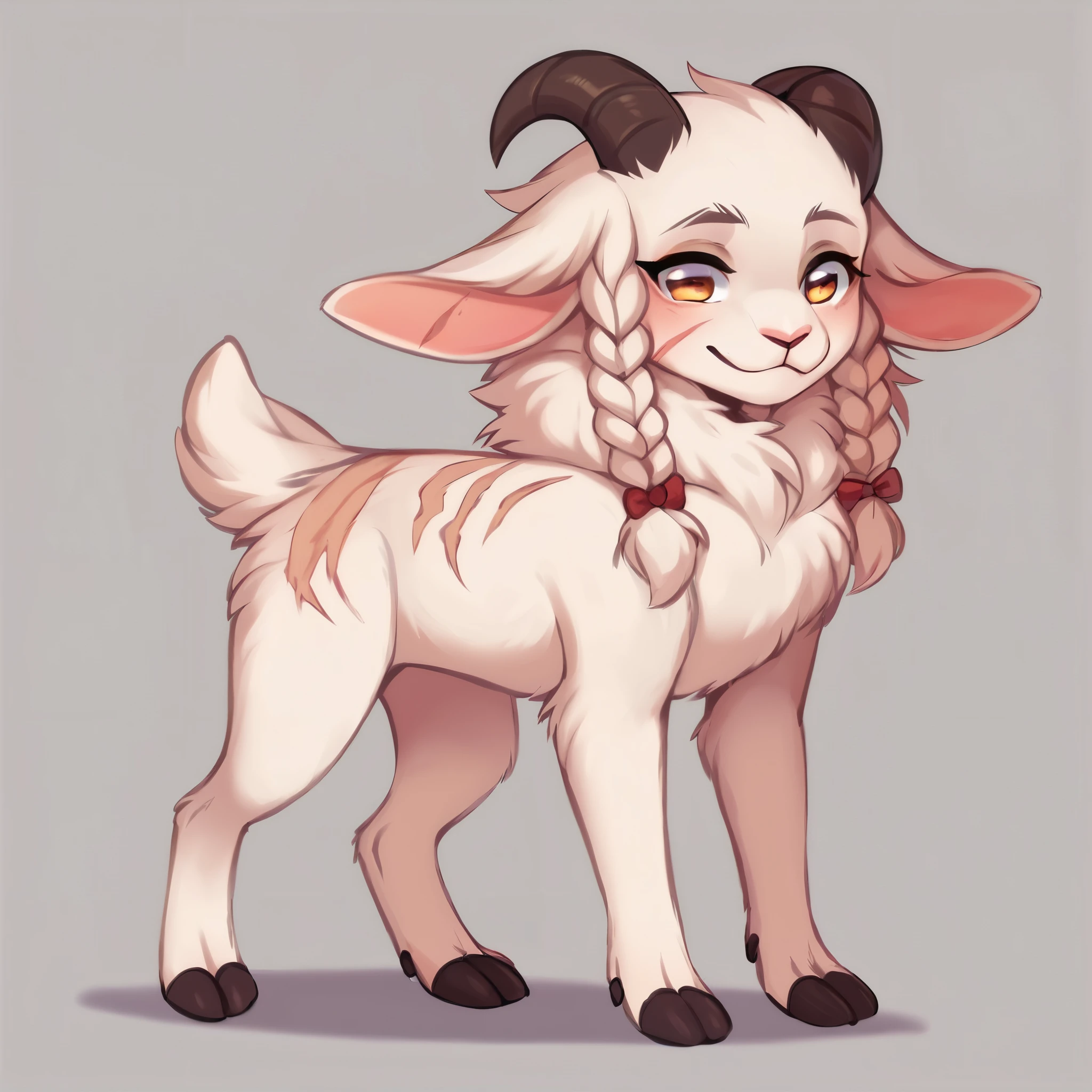 score_9, score_8_up, score_7_up, score_6_up, score_5_up, score_4_up, show accurate, full body, simple background, feral goat, female goat, white fur, albino fur, single color fur, teenage goat, adorable face, goat horns, goat pupil, golden eyes, tender look, loving look, mane covering the neck, mane on the back of the neck, small braids in her hair and mane, braids of the same size, standing on all fours, scars all body, long scars, scars on the face,
