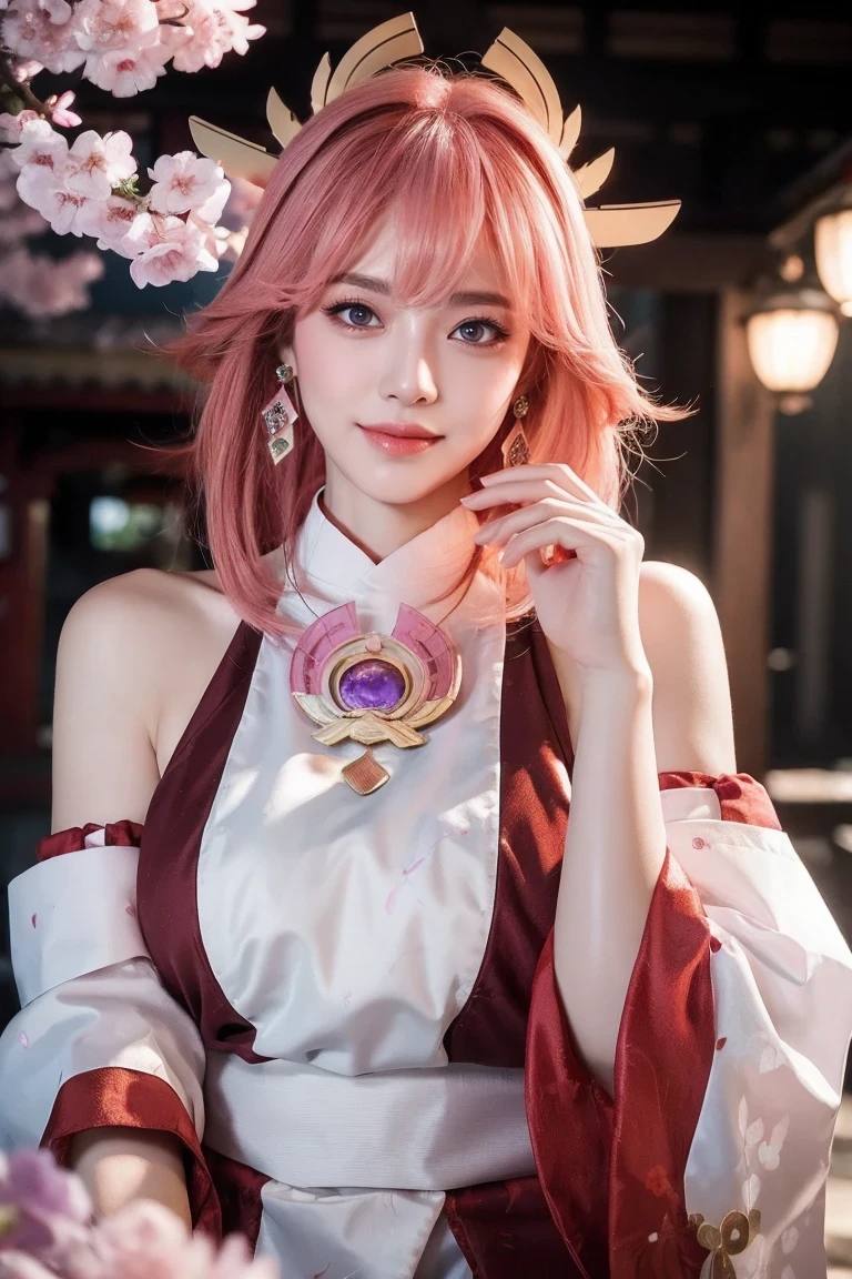 kpop idol, yae miko, detached sleeves, bare shoulders, pink hair, long hair, japanese clothes, best quality, (painting:1.5), (hair ornament:1.35), jewelry, purple eyes, earrings, breasts, torii, cherry blossoms, lantern light, depth of field face focus, ribbon_trim, (looking at viewer:1.25), nontraditional miko, shiny skin, long sleeves, smile, thick lips, hands on lips, east asian architecture, (blurry background:1.2), sitting, upper body,((ultra high res, 8k, RAW photo, best quality, masterpiece:1.47746,realistic:1.4, photo-realistic:1.4,cinematic lighting:1,intricate details:1,raw photo:1))(((ultra-detailed:1.47746))),professional lighting,((physically-based rendering:1)), ((ruddy skin:1,sweat))lens flare,ray tracing ,(extremely detailed face, beautiful detailed eyes,expressive hair:1.5,shiny hair;1)cinematic lighting,(vivid expression) (body muscle:1) solo(1girl:1.5)((smiling:1),(plump figure:1,blance body:1)(realistic hand,realistic clothes)