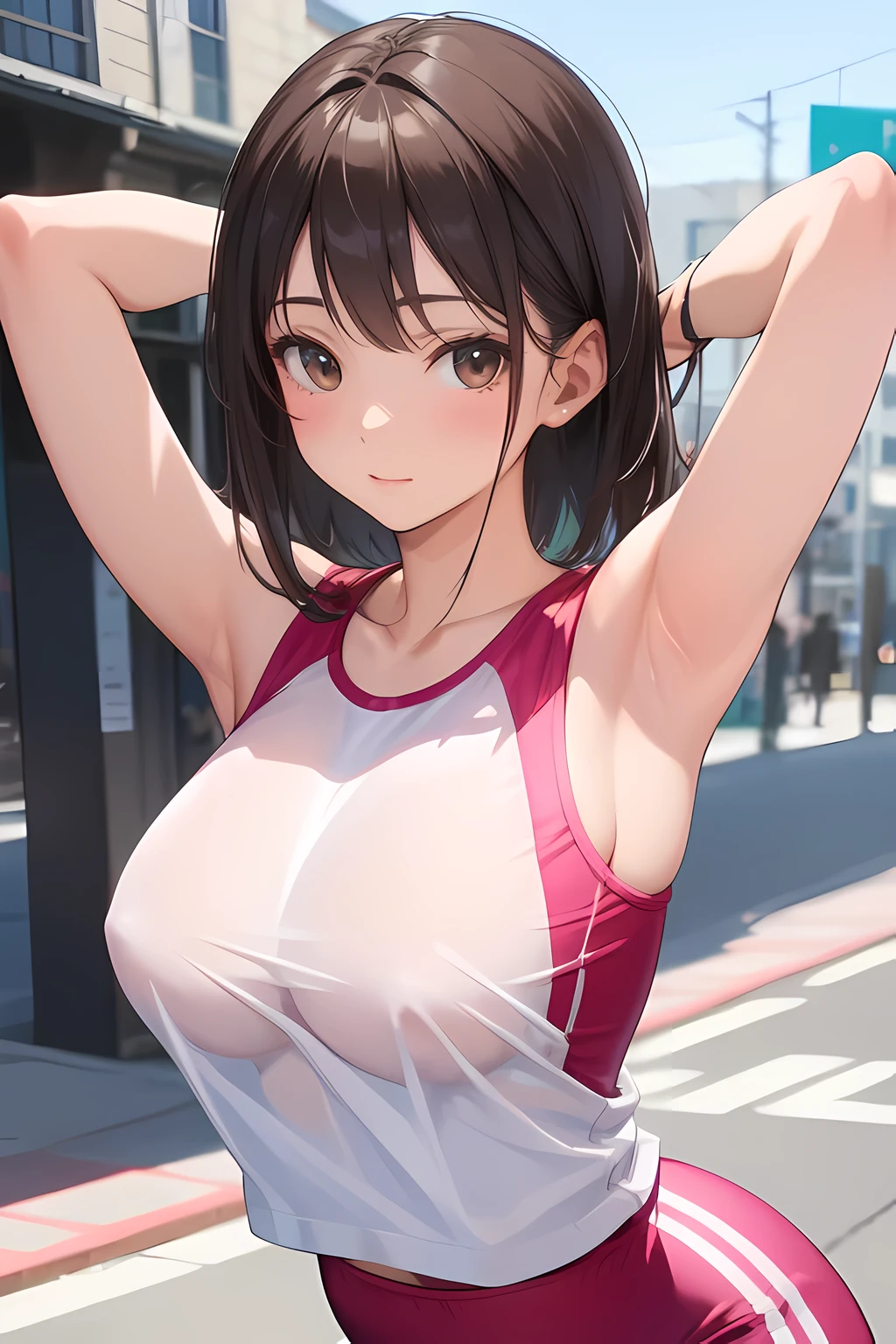 realistic, realistic_background, masterpiece, bestquality, a brown_eyes_younggirl who appears to be in a running_wear, poses for a picture, 1girl, solo, armpits, light_pink shirt, looking at viewer, shirt