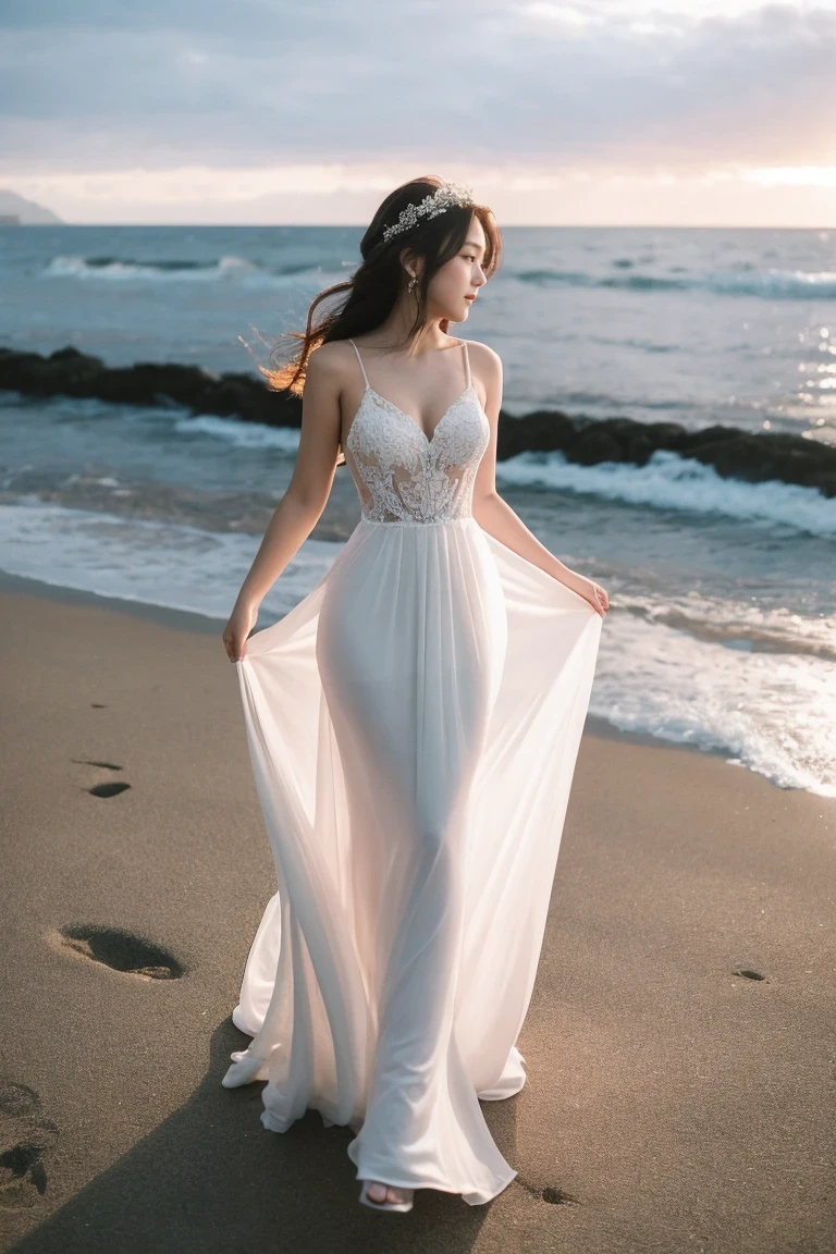 1girl, wedding gown, upperbody, seashore, sunset,dynamic angle,