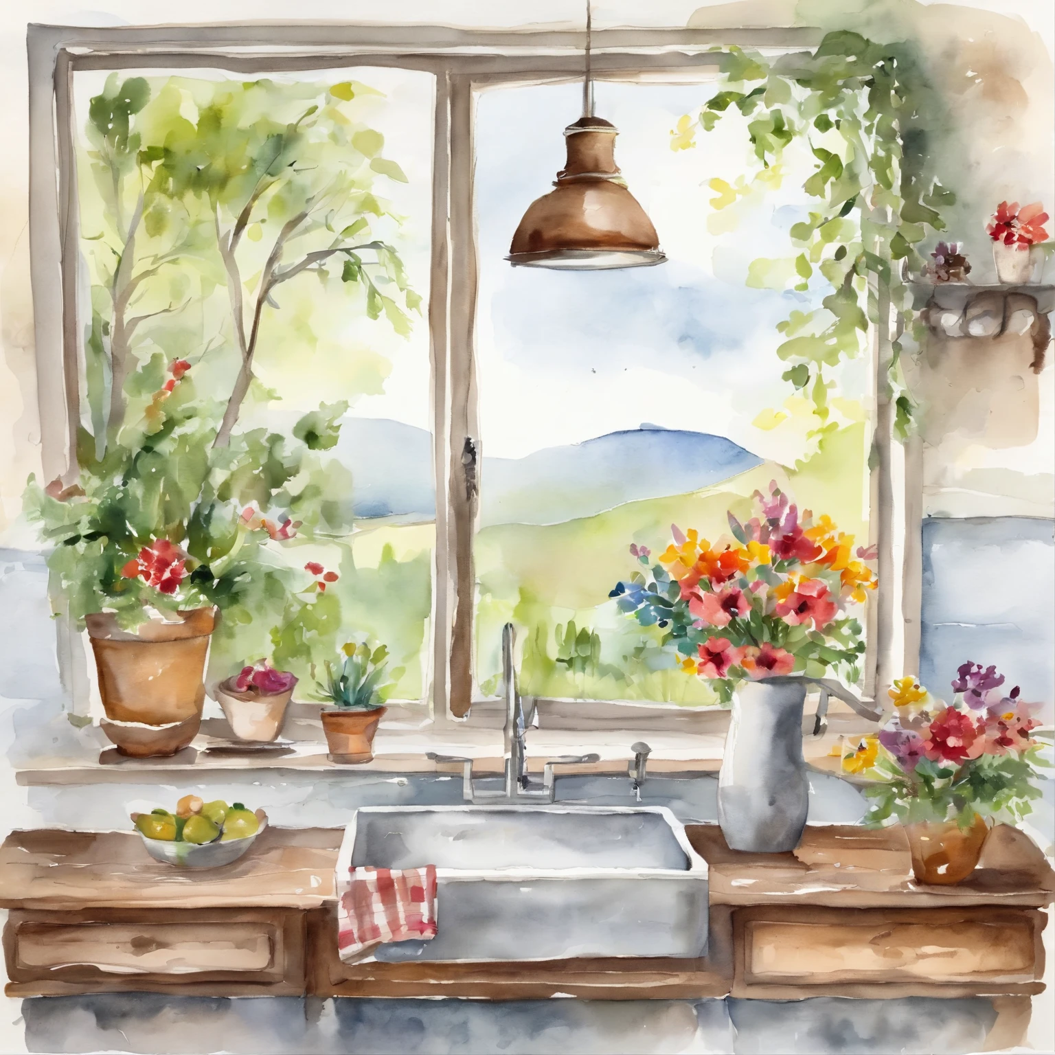 there is a kitchen with a table and a sink and a window, Shanzhai Core hippie, Shanzhai Core, Shanzhai Core!!, There are flowers and plants, With colorful flowers and plants, small kitchen, cute kitchen, romantic greenery, kitchen, Nature and floral aesthetics, Retro and Romanticism, house kitchen on a sunny day, Decorate with flowers