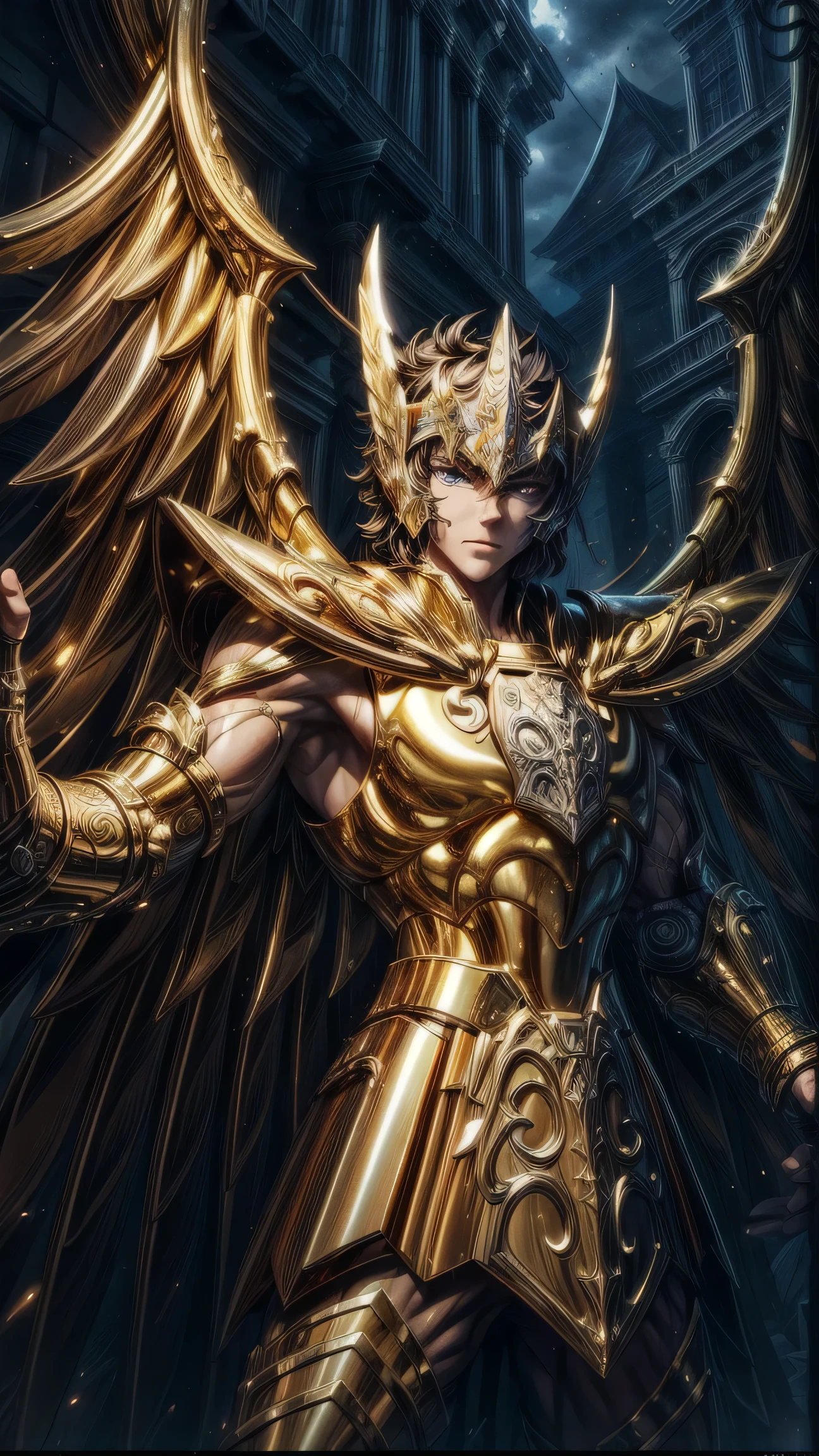 (masterpiece), photorealist, 1boy, 40 yo man, angry face, aggressive, frowned, masculine face, male face, ((attacking)), fighting stance, Saint seiya, zodiac knight, gold armor, full body shot, full body armor, (white cape), energetic movement, gold saint, anger, athletic_male, muscular, muscular biceps, shredded, well-defined muscles, full leg armor, storm, thunderbolt, thunder, lightning, greek ruins, aggressive, masculine muscular figure, heroic fantasy art, muscular character, heroic masculine, fierce, manly face, Armor, Golden Armor, (helmet), night sky, (Golden helmet: 1.2), SagittariusArmor, armor, golden armor, wings, helmet, ((long metal wings)), ((long golden wings)), walking on the ancient greek fields,
BREAK,
perfect eyes, expressive eyes, extremely detailed eyes, beautiful eyes, expressive eyes, gradient eyes, glistening eyes, perfect eyes, extremely detailed face, expressive face, perfect face, extremely detailed hands, extremely detailed fingers, perfect hands, perfect fingers, extremely detailed body, perfect anatomy, (extremely detailed physique), glossy hair, glossy skin, (extremely detailed hair), (extremely detailed clothing), (extremely detailed accessories), (detailed background), (intricate background), (detailed scenery), (perfect scenery),
BREAK,
full body shot, photorealistic, best quality, (extremely detailed CG unity 64k wallpaper), ultra-high resolution, ultra-high definition, maximalist, 64k UHD, highres, intricate, intricate details, absurdres, highly detailed, finely detailed, ultra-detailed, ultra-high texture quality, DLSR, RTX, (HDR), detailed textures, ultra-high pixel detail, (ultra-realistic:1.5), professionally color graded, uncompressed images, full color depth, sharp focus, volumetric lighting, natural shadow, dramatic shading, dramatic lighting,