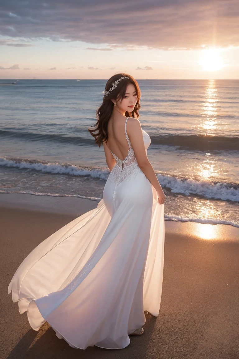 1girl, wedding gown, upperbody, seashore, sunset,dynamic angle,