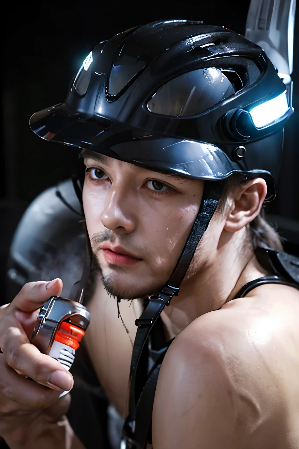 Male patient smells dark blood and wears electric shock helmet