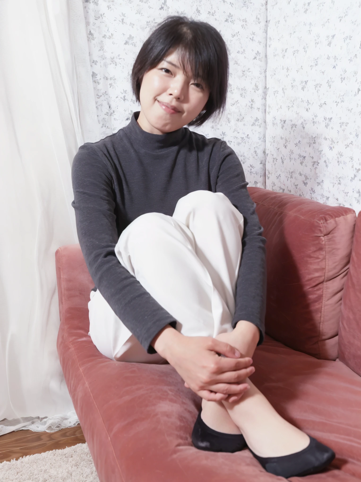 there is a woman sitting on a couch with her legs crossed, sitting on the sofa, taken with canon eos 5 d, sitting on a sofa, young asian woman, taken with a canon eos 5d, taken with a canon eos 5 d, sitting on couch, chiho, sitting on a bed, reluvy5213, of a youthful japanese girl