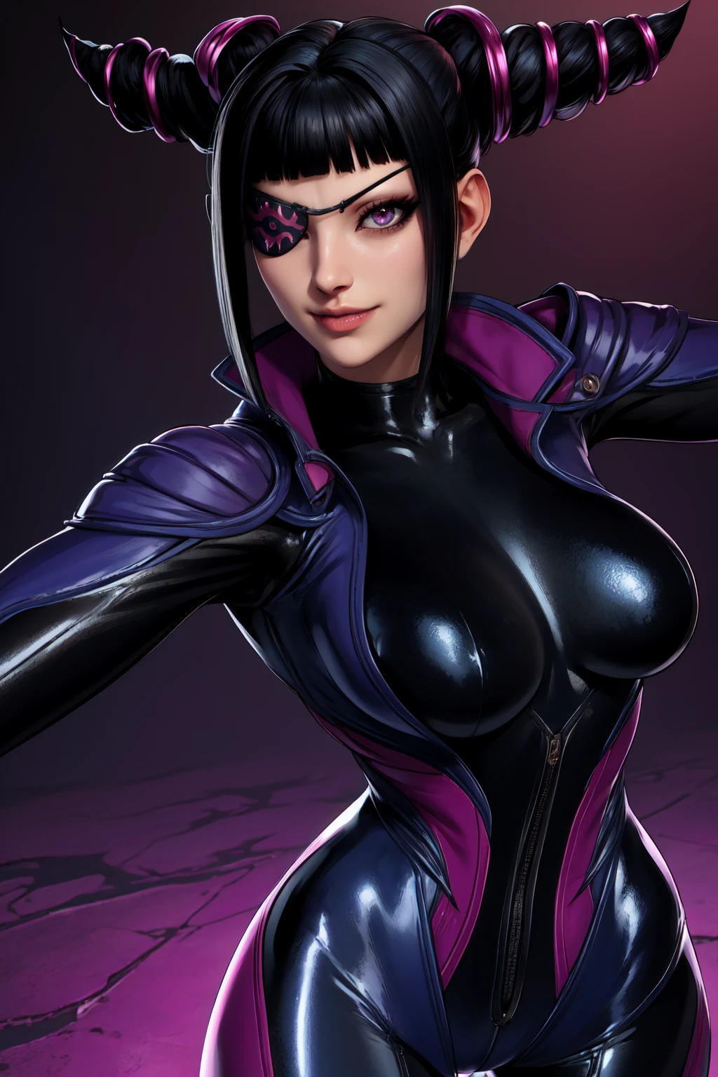 Juri , black hair,two-tone hair, hair horns, purple eyes, eyepatch,
bodysuit, clothing cutout,
standing, upper body, evil smile,
night club,
(ly detailed, beautiful detailed face,beautiful detailed eyes, masterpiece, best quality) , solo, dinamic poses, shinning eyes, walking, laying, sitiing, dinamic poses