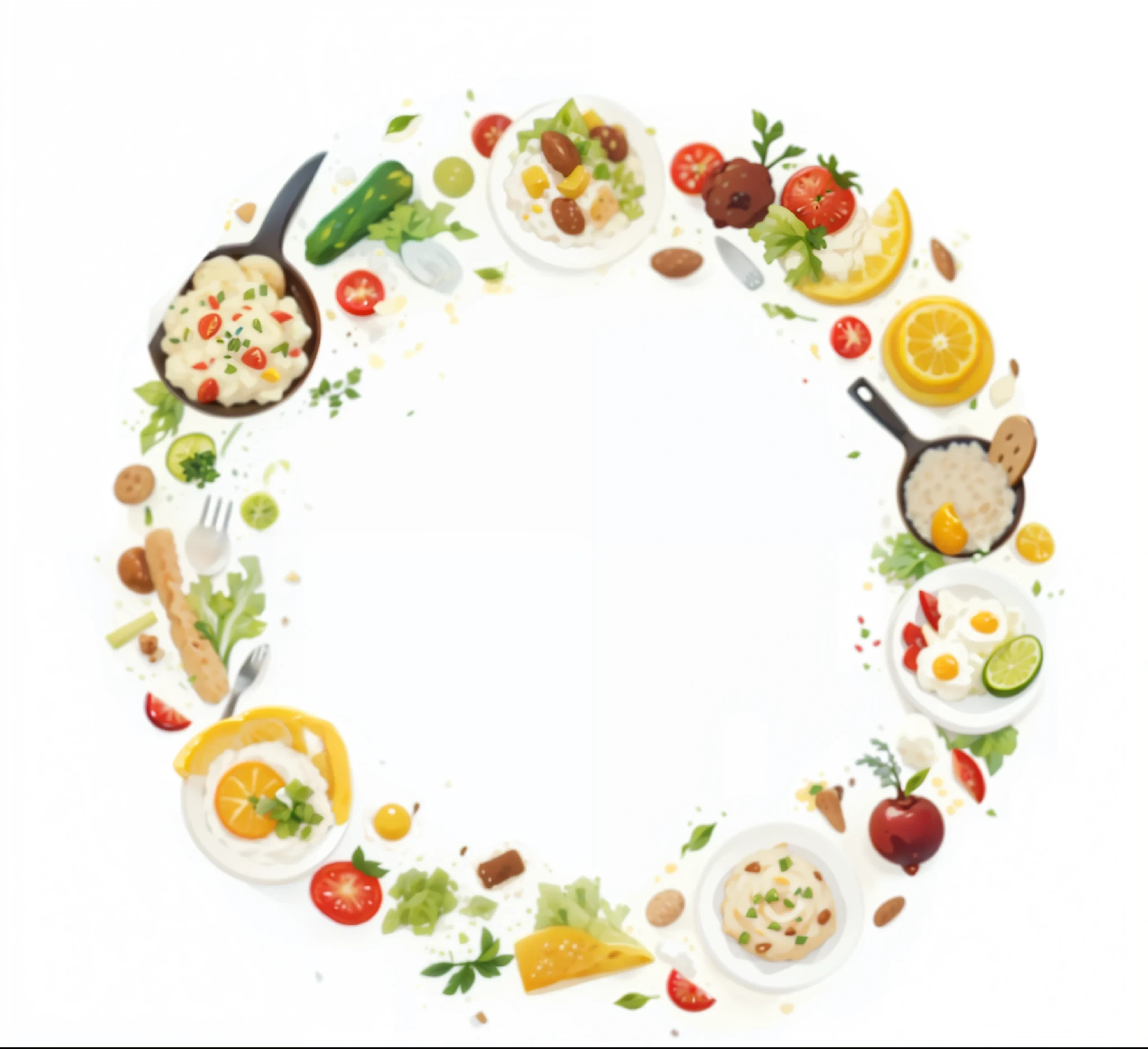a close up of a circle of food with a  in the center, food particles, amazing food illustration, bowl filled with food, White background, food blog, [ top view of table ]!!, food, made of food, author：Matteo Perez, food blog photo, White background, all, gourmet food，clear，enlarge