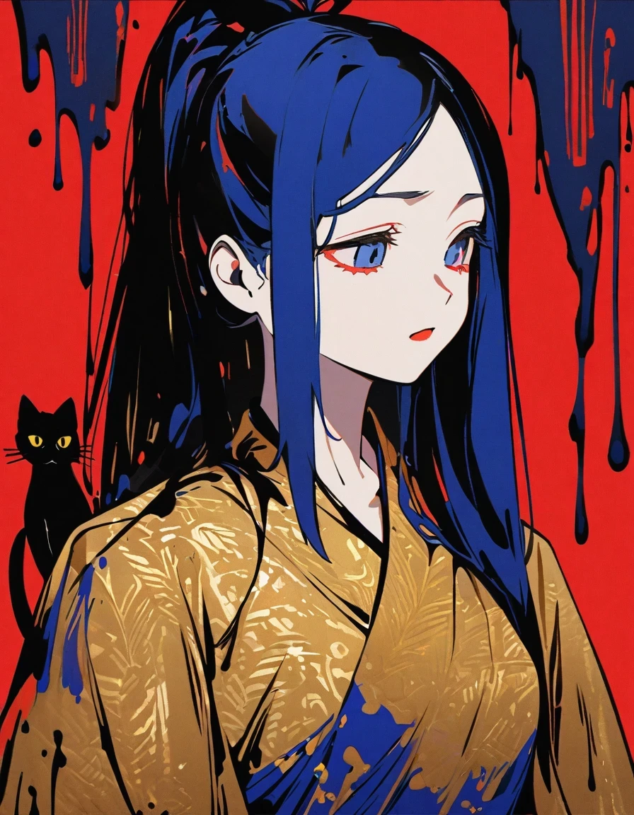 girl and cat, Royal blue and gold fabric, minimalist art, Pure Klein red background,ink ,ink,Supremacist style