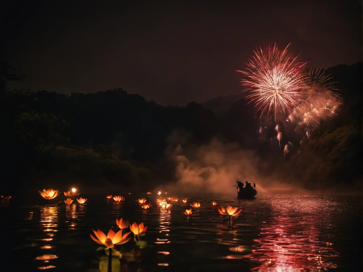 fireworks, river, ancient china, festival night, lotus on river surface