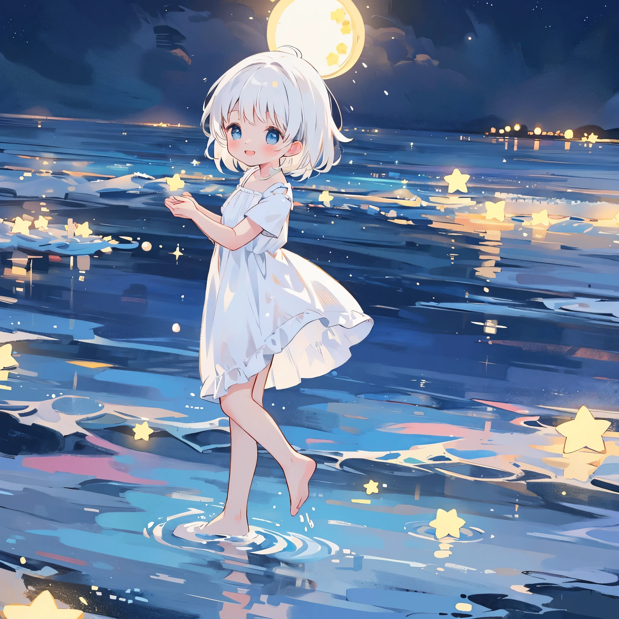 an ocean of stars, night sky, colorful, ethereal, charming girl in a white tutu, white hair, walking on the water, Her smile was filled with tenderness and joy, giant crescent white moon dipping into the water in the background
