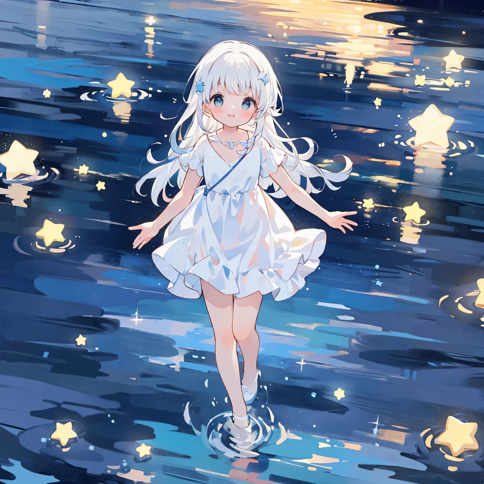 an ocean of stars, night sky, colorful, ethereal, charming girl in a white tutu, white hair, walking on the water, Her smile was filled with tenderness and joy, giant crescent white moon dipping into the water in the background