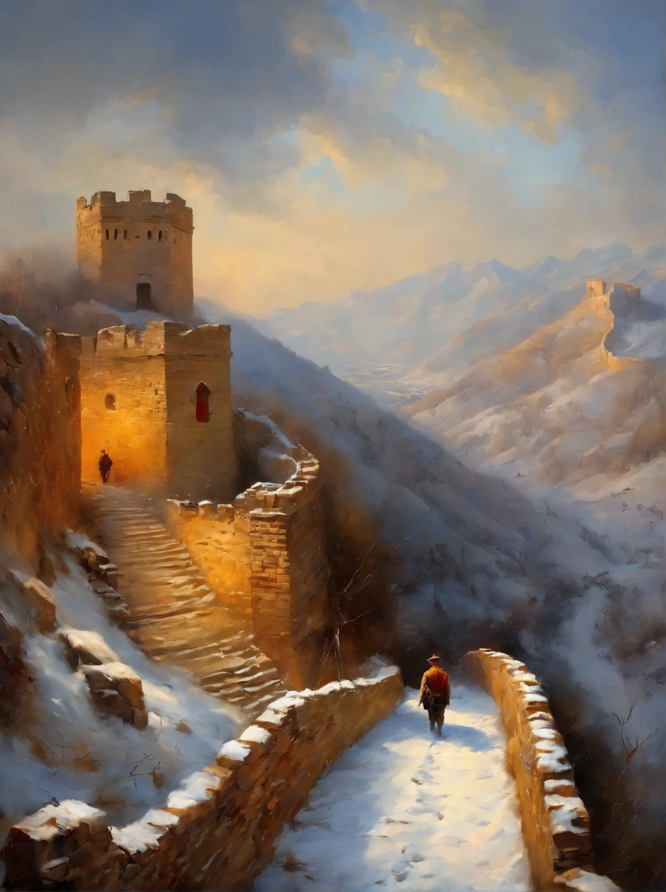 arafed view of a man standing on a wall in the snow, the great wall, great wall, symmetric matte painting, amazing exquisite matte painting, wide angle fantasy art, an ancient path, exquisite matte painting, stunning matte painting, inspired by Zhu Derun, extravagant matte painting, dramatic matte painting, optimistic matte painting, amazing wallpaper