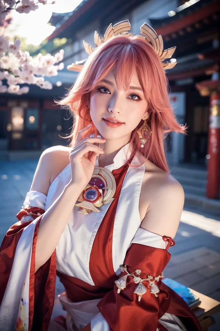 kpop idol, yae miko, detached sleeves, bare shoulders, pink hair, long hair, japanese clothes, best quality, (painting:1.5), (hair ornament:1.35), jewelry, purple eyes, earrings, breasts, torii, cherry blossoms, lantern light, depth of field face focus, ribbon_trim, (looking at viewer:1.25), nontraditional miko, shiny skin, long sleeves, smile, thick lips, hands on lips, east asian architecture, (blurry background:1.2), sitting, upper body,((ultra high res, 8k, RAW photo, best quality, masterpiece:1.47746,realistic:1.4, photo-realistic:1.4,cinematic lighting:1,intricate details:1,raw photo:1))(((ultra-detailed:1.47746))),professional lighting,((physically-based rendering:1)), ((ruddy skin:1,sweat))lens flare,ray tracing ,(extremely detailed face, beautiful detailed eyes,expressive hair:1.5,shiny hair;1)cinematic lighting,(vivid expression) (body muscle:1) solo(1girl:1.5)((smiling:1),(plump figure:1,blance body:1)(realistic hand,realistic clothes)