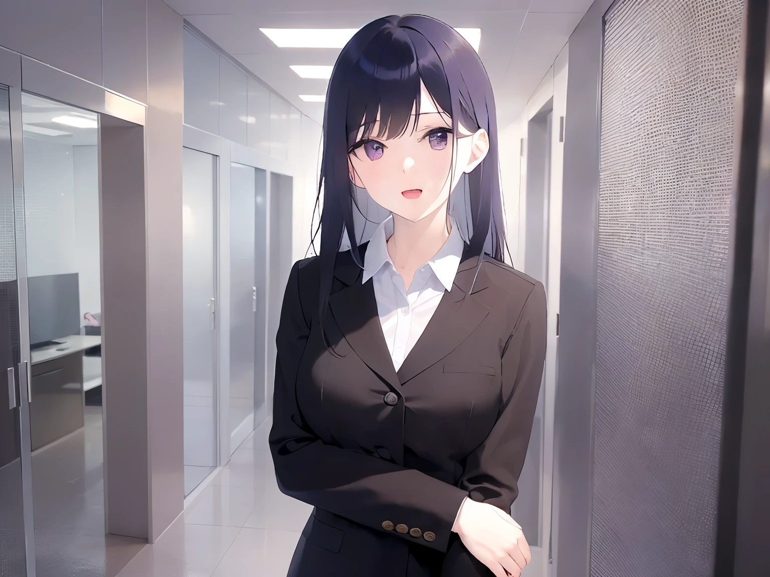 Upper Body, Realistic, real person, (pale skin: 1.2), RAW photo, photorealistic, portrait photography, shiny skin, japanese idol、shiny hair、(25 year old woman with straight medium hair with bangs) and (black hair) and (purple eyes) , (wearing a business suit:1.2)、(white collared shirt) and (long sleeve) 、smile, open mouth, The background is a company conference room、Alone、Are standing