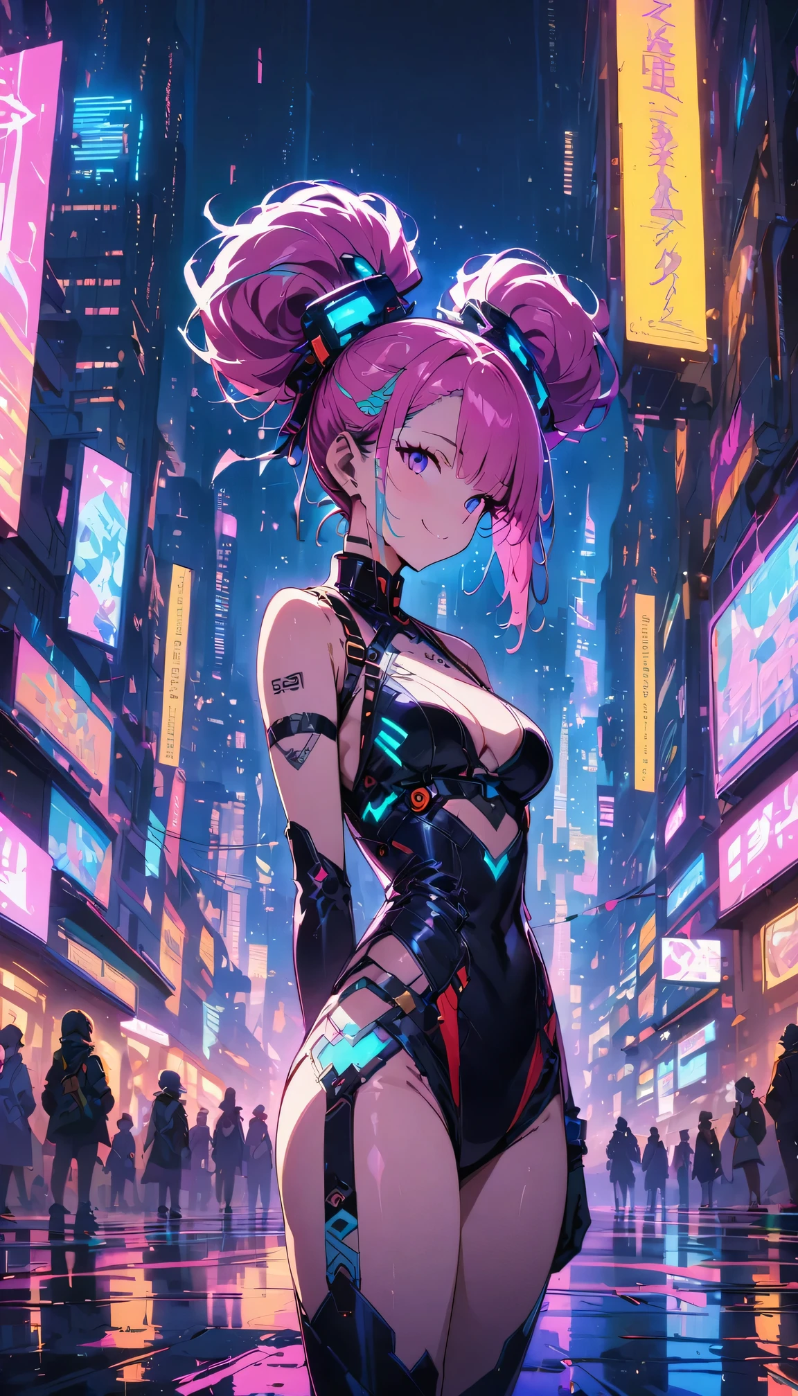 masterpiece, best quality, ((Smile)) Cyberpunk girl standing, Chinese style cyberpunk body strap, bold colors and patterns, eye-catching accessories, Stylish and innovative hairstyles, Dazzling cyberpunk cityscapes, skyscrapers, glowing neon sign, LED light, anime illustration, Delicate skin texture, Detailed cloth texture, Beautiful and delicate face, intricate details, Super detailed, movie lighting, strong contrast.