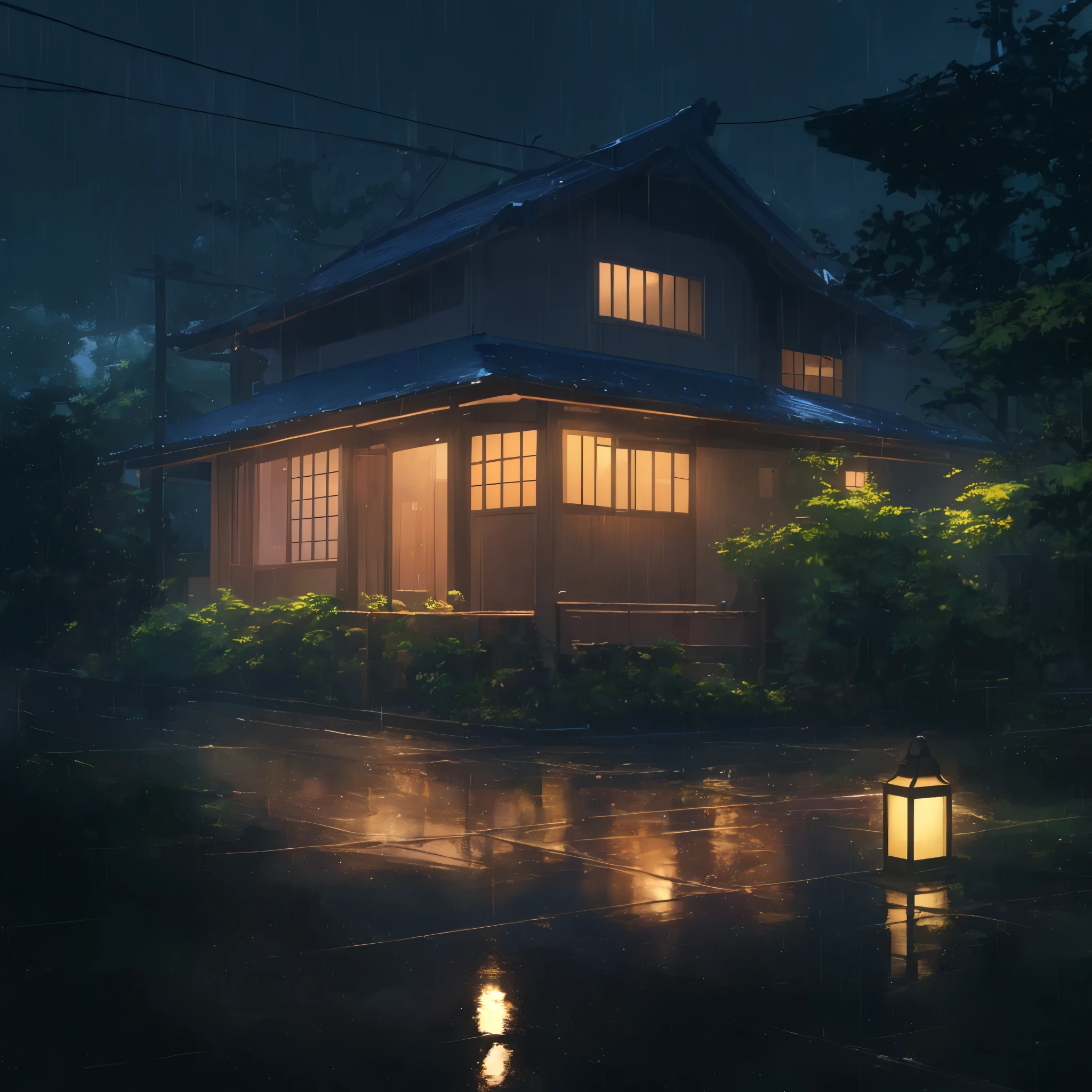 There is a house that lights up on rainy nights., Makoto Shinkai's style, in Makoto Shinkai's style, rainy evening, Stormy weather. makoto shinkai, Japanese-style house, anime background art, dark. by makoto shinkai, Studio Gribly Makoto Shinkai, makoto shinkai. high detail