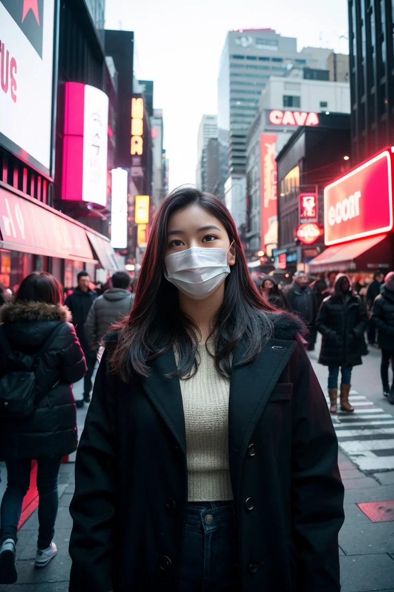 leogirl, realistic Documentary photography,,a busy metropolitan street under a leaden sky, the scene is lit by the harsh, cold light of towering neon billboards. In the crowd, a solitary figure stands still, face covered with a vividly painted mask of defiance. The stark contrast between the moving crowd and the motionless protester, the chilling isolation amidst the chaos, creates a striking scene full of rebellion, imagination, and a profound sense of shock.