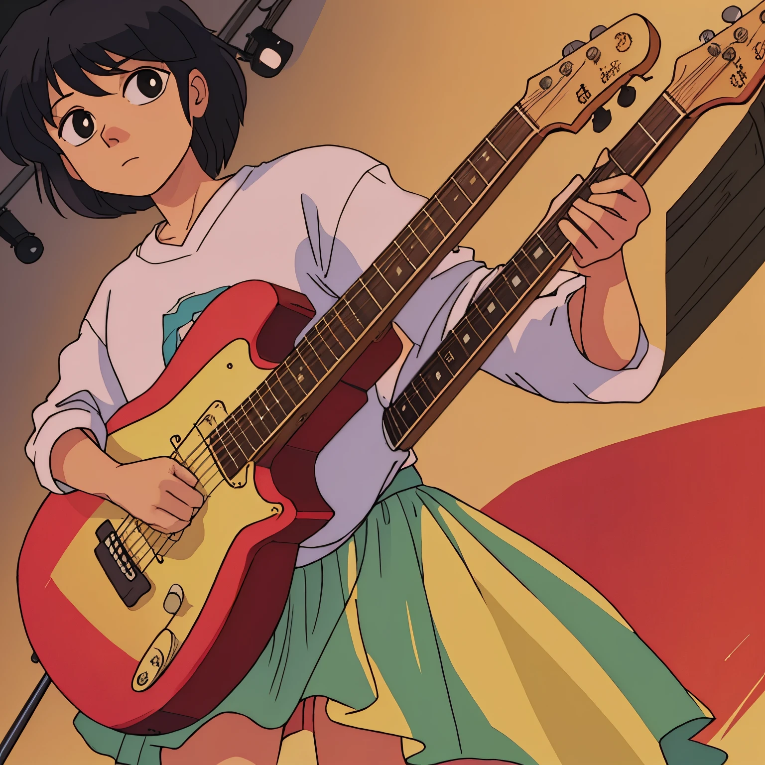 Create a backdrop that showcases a solitary guitar, bathed in soft focus and vibrant colors. The guitar is positioned against a simple, textured background in a 2D side view, giving it a clear and detailed appearance. The strings glisten under the studio lighting, casting subtle shadows and reflecting the bright hues of the scene. The guitar's body has intricate details, from the wood grain to the curves and contours, all captured in sharp focus. This background exudes a mellow and melodic atmosphere, perfect for setting the stage for a musical performance or illustration.