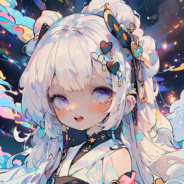 cute, kawaii,solo, 1 girl,small kid,skin color lite brown,smile,hair floating,hair color light blue,twin tail,purple eyes,big eyes,chibi chara,hot pants,tube top,colorful,cosmic background,many stars,outside,smile,open mouth,flower bloom,backlit,