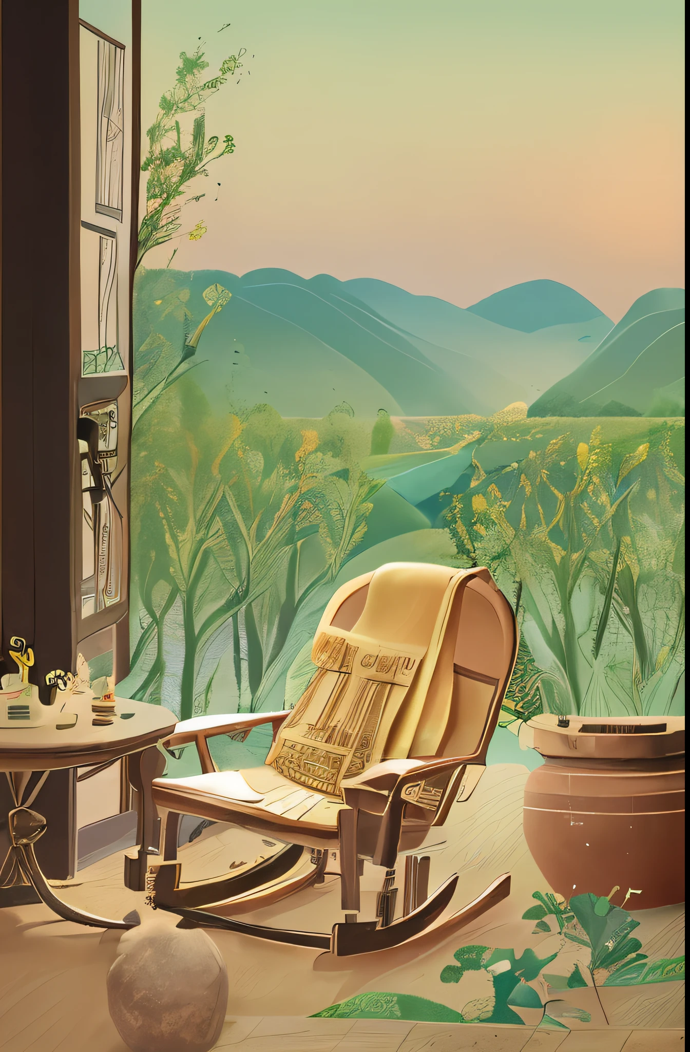 A peaceful rural landscape，In the distance are golden wheat fields，Nearby is a comfortable rocking chair and a stone table with a chessboard，soft light，Unobscured， Leave blank