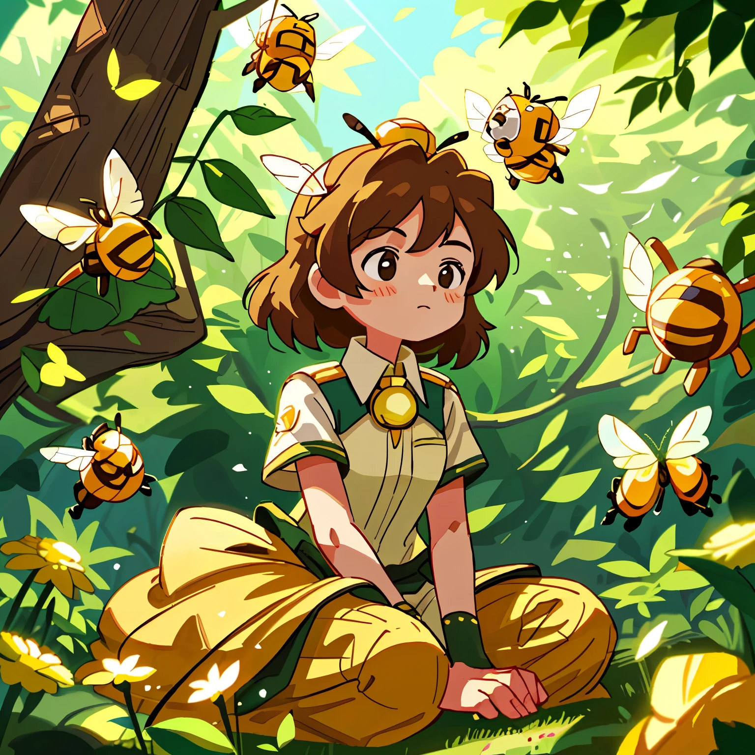 A tender bee Reyna, with a medal adorning her chest, sits amongst trees surrounded by a buzzing multitude of bees. She wears a bee diaper, the yellow and black stripes blending harmoniously with the natural environment. Her gentle expression betrays a sense of pride and accomplishment, as if she's earned the medal through her dedication to the bee colony. The sun filters through the leaves, casting warm, golden rays on her petals-like arms and the intricate design of the medal. The bees seem to hum in approval, their collective buzz echoing through the quiet grove.