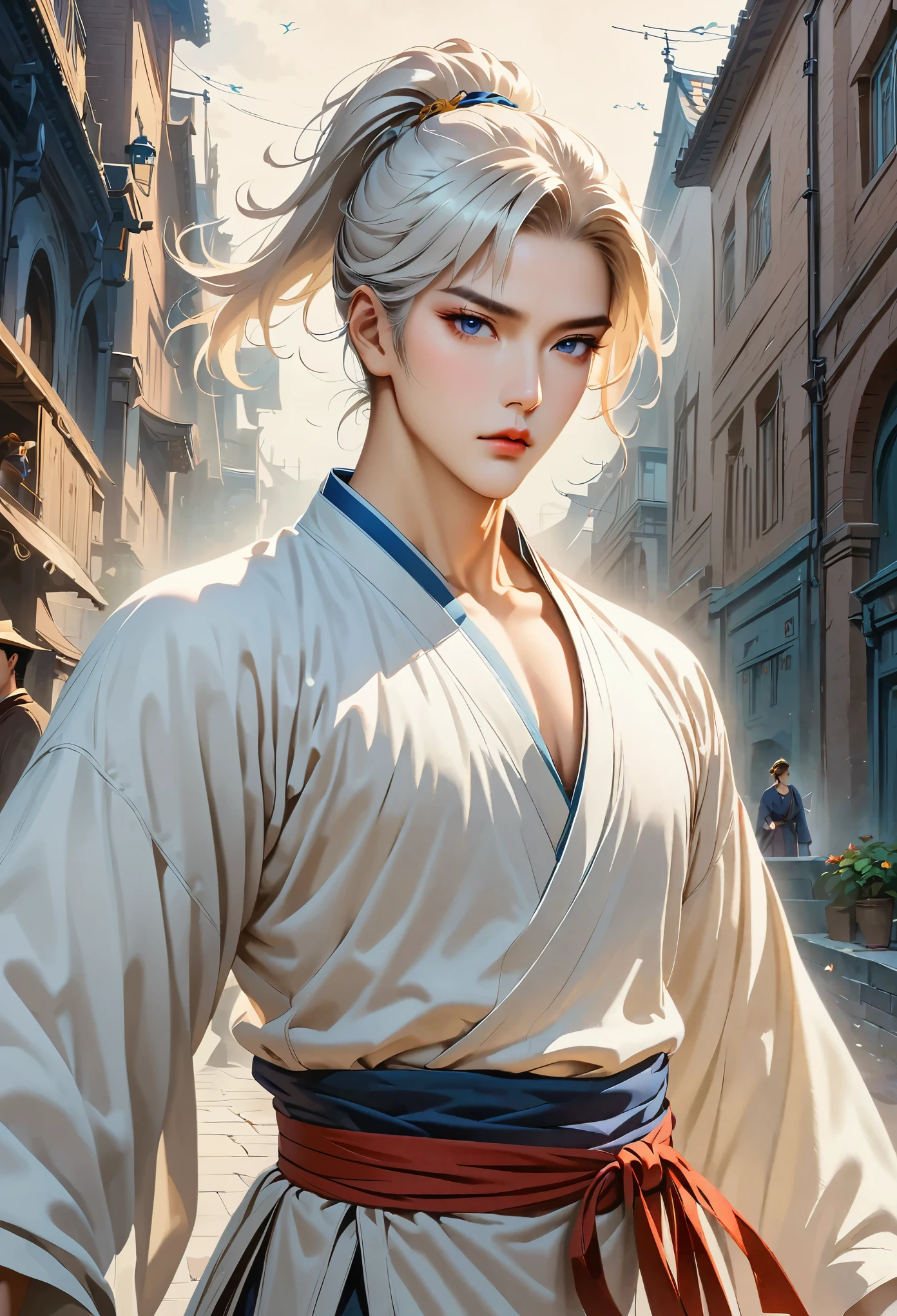 two-dimensional，anime style，one person（male warrior:1.5,chest muscles），Correct proportions，facial details，swordsman，High ponytail hairstyle，neck details，There is an Adam&#39;apple，white robe，joke，white robe，clothing details，transfer，long sleeve，Game quality，fencing，Ray tracing，Ray tracing，Delicate glow，CG rendering，Hair details，long white hair，blue eyes，Handsome，Handsome，（feeling of youth），Costumes are complicated，perfect composition，refine，high quality，More details，complex background，a sense of atmosphere，