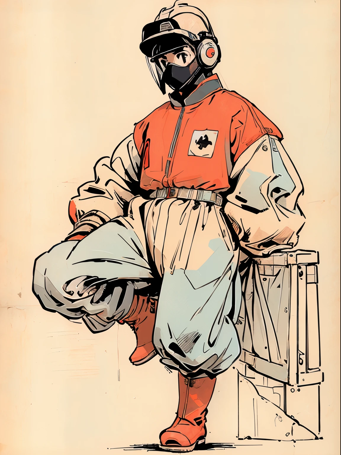 (ultra detailed,ultra high res,detailed background),((2D)),((flat color)),((muted color)), 1solo, looking at viewer, white hazmat suit, (big red galoshes), plush collar, full body image, square helmet