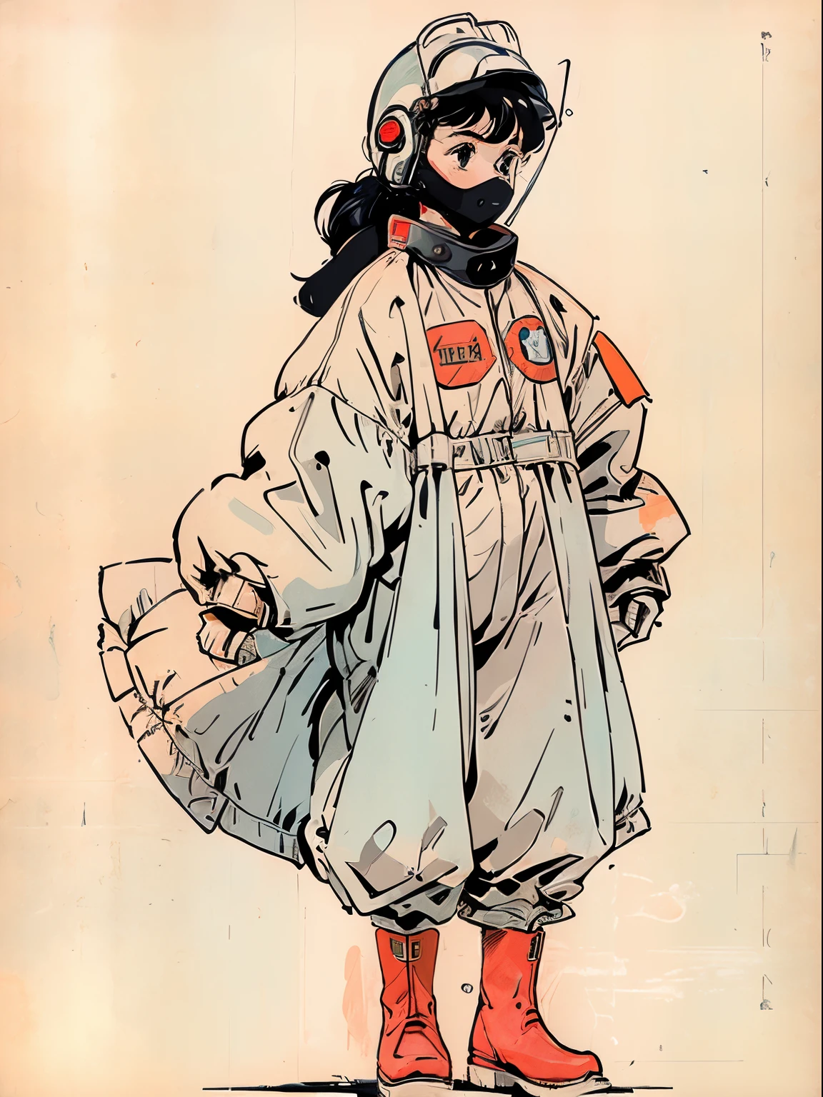 (ultra detailed,ultra high res,detailed background),((2D)),((flat color)),((muted color)), 1solo, looking at viewer, white hazmat suit, (big red galoshes), plush collar, full body image, square helmet