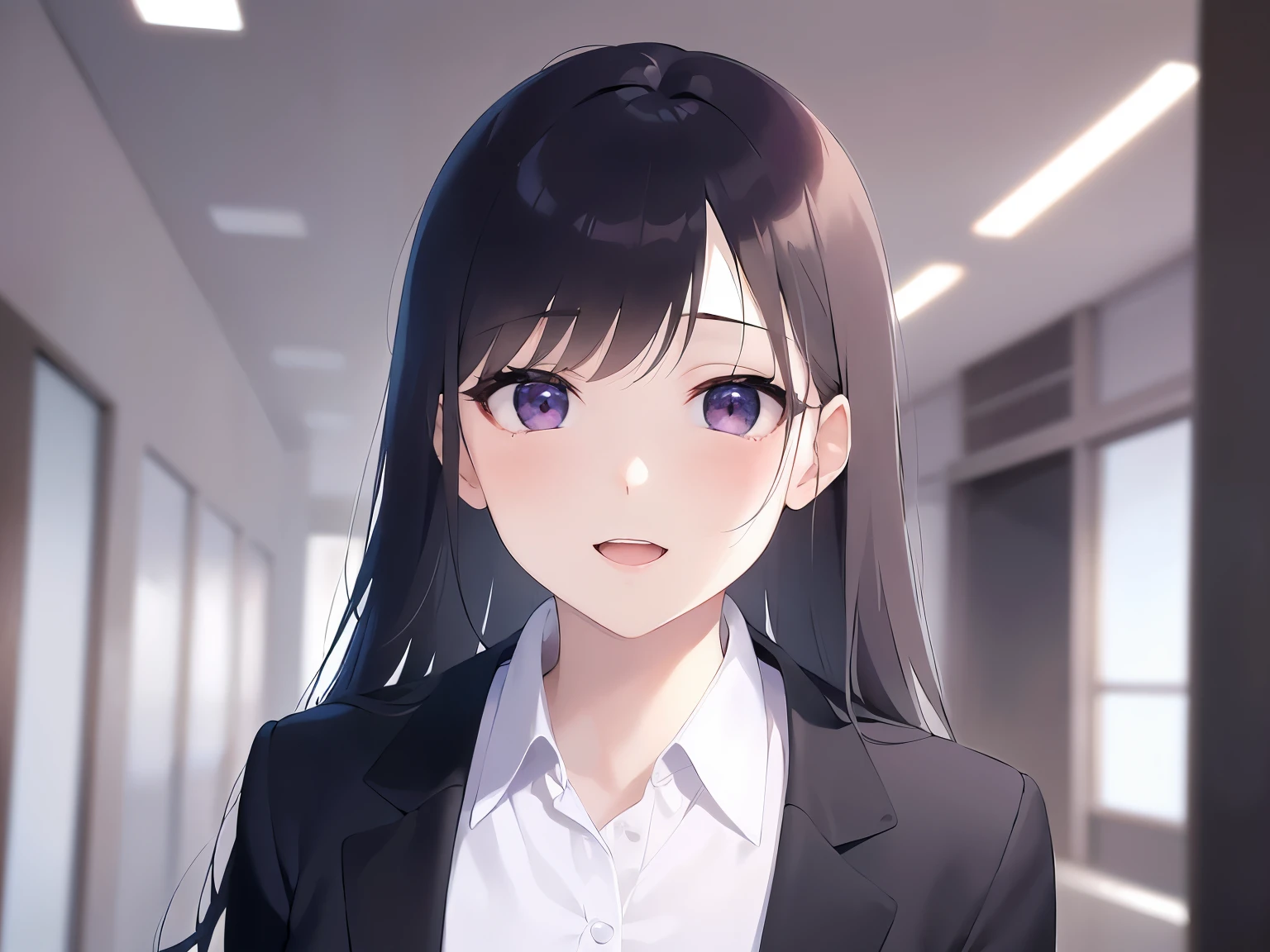 Upper Body, Realistic, real person, (pale skin: 1.2), RAW photo, photorealistic, portrait photography, shiny skin, japanese idol、shiny hair、(25 year old woman with straight medium hair with bangs) and (black hair) and (purple eyes) , (business suit:1.2) and (white collared shirt) and (long sleeve) 、smile, open mouth, The background is a company conference room、Alone、Are standing
