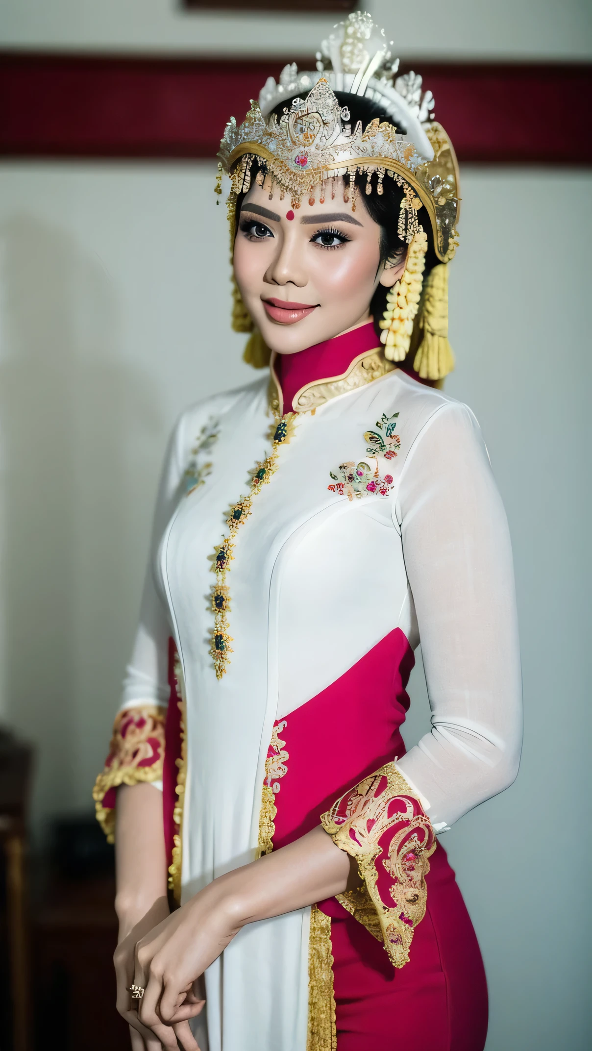 photography, beautiful Indonesian woman, white, wearing sundanese kebaya, wearing jewelry, flawless makeup, red lips, temple background, blurred background, realistic, 8K, Focus