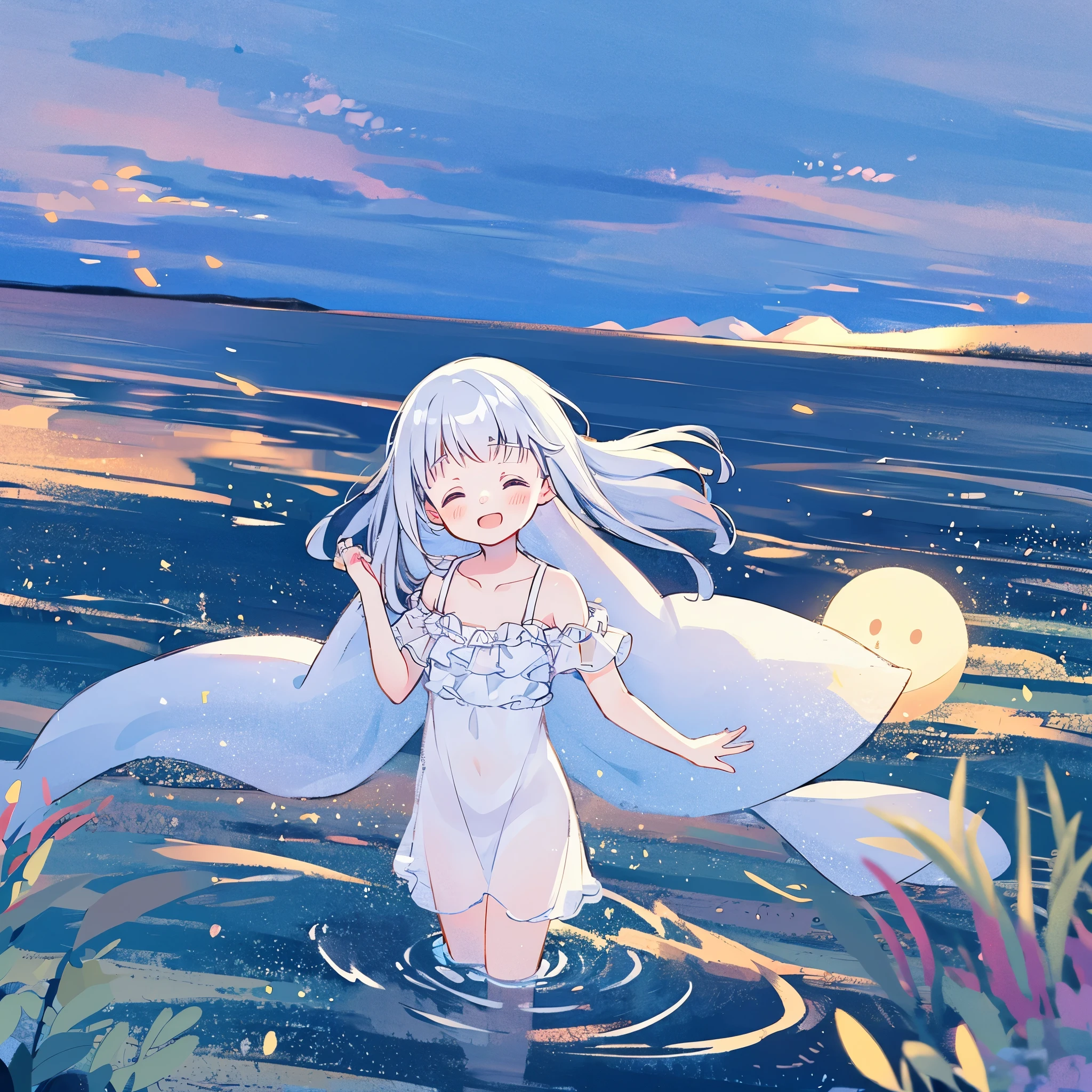 an ocean of stars, night sky, colorful, ethereal, charming girl in a white sheer babydoll dress, white hair, walking on the water, Her smile was filled with tenderness and joy, giant crescent white moon dipping into the water in the background, midjourney style