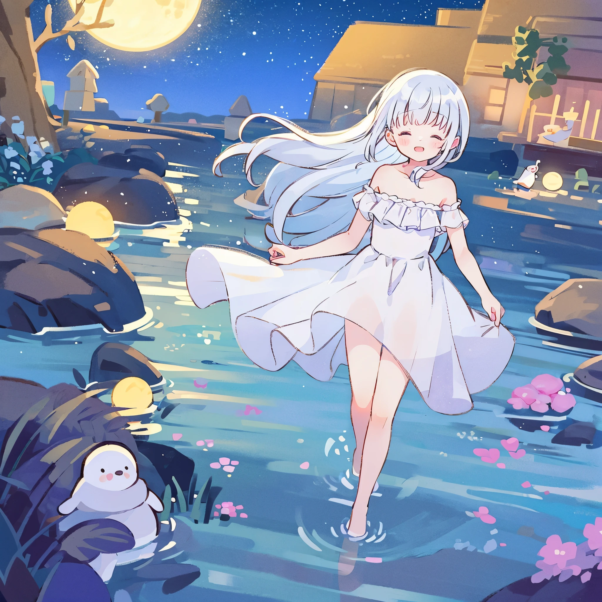 an ocean of stars, night sky, colorful, ethereal, charming girl in a white sheer babydoll dress, white hair, walking on the water, Her smile was filled with tenderness and joy, giant crescent white moon dipping into the water in the background, midjourney style