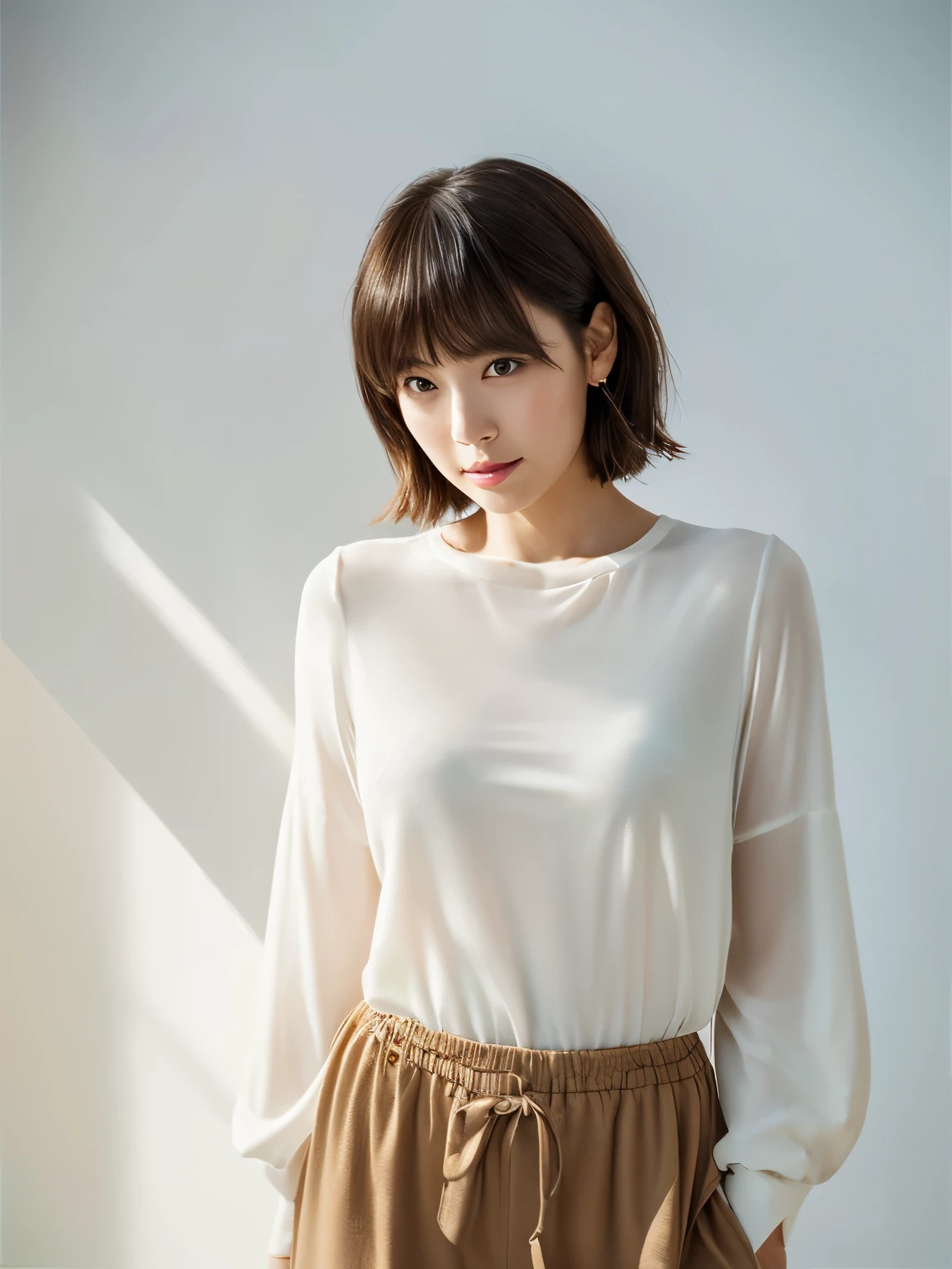((masterpiece,top-quality)), (photographrealistic:1.4),((masutepiece,8K)),hight resolution,Studio Soft Light, Rim Lights, vibrant detail, realistic skin textures,Japanese, 1 beautiful woman, short Hair, wave hair, faint thin bangs, make - up, 38 years old, Detailed skin, long-sleeve tunic blouse, wide-leg pants, Standing, White background, White Room,white walls, fully body photo, looking at viewer
