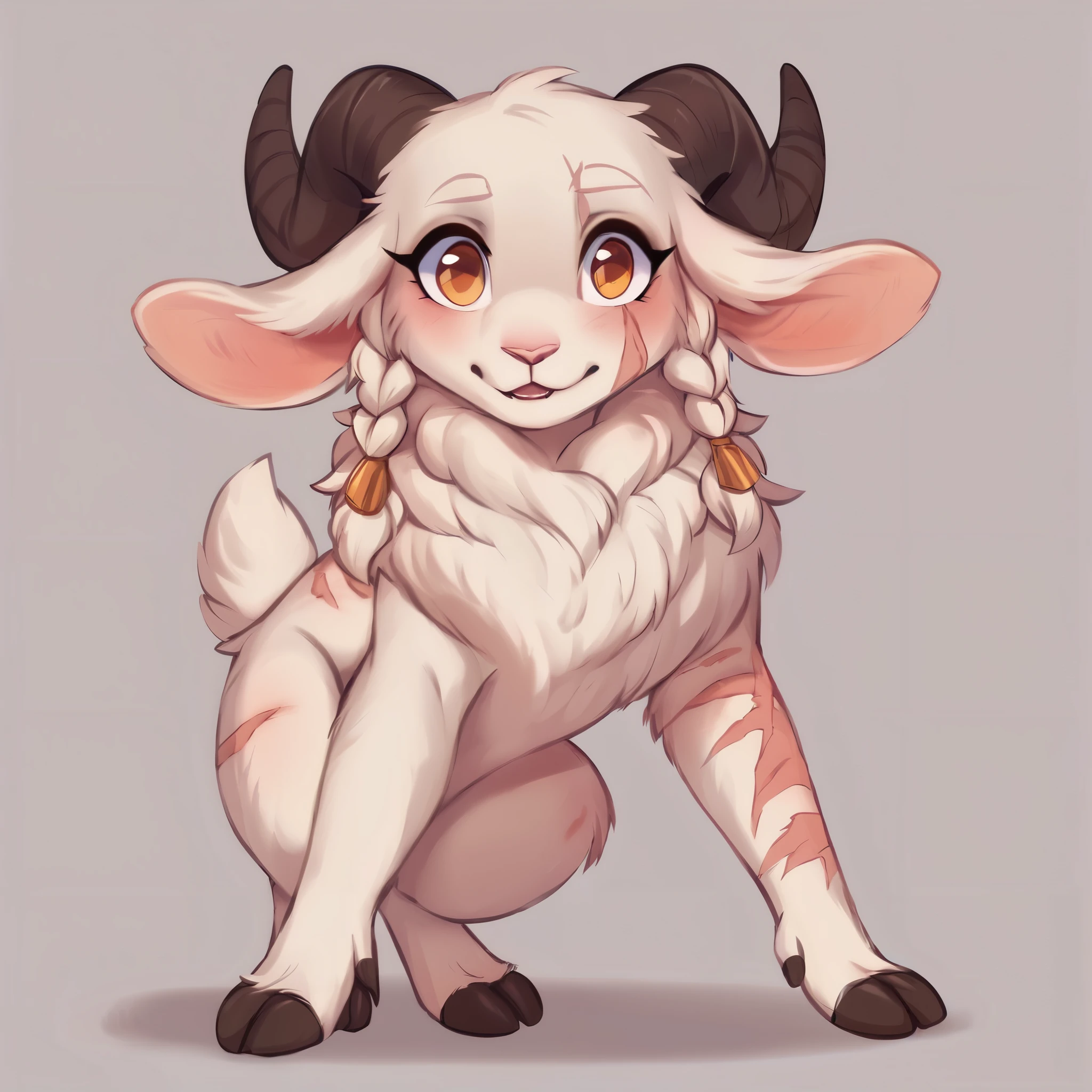 score_9, score_8_up, score_7_up, score_6_up, score_5_up, score_4_up, show accurate, full body, simple background, feral goat, female goat, white fur, albino fur, single color fur, teenage goat, adorable face, goat horns, goat pupil, golden eyes, tender look, loving look, mane covering the neck, mane on the back of the neck, small braids in her hair and mane, braids of the same size, standing on all fours, scars all body, long scars, scars on the face,