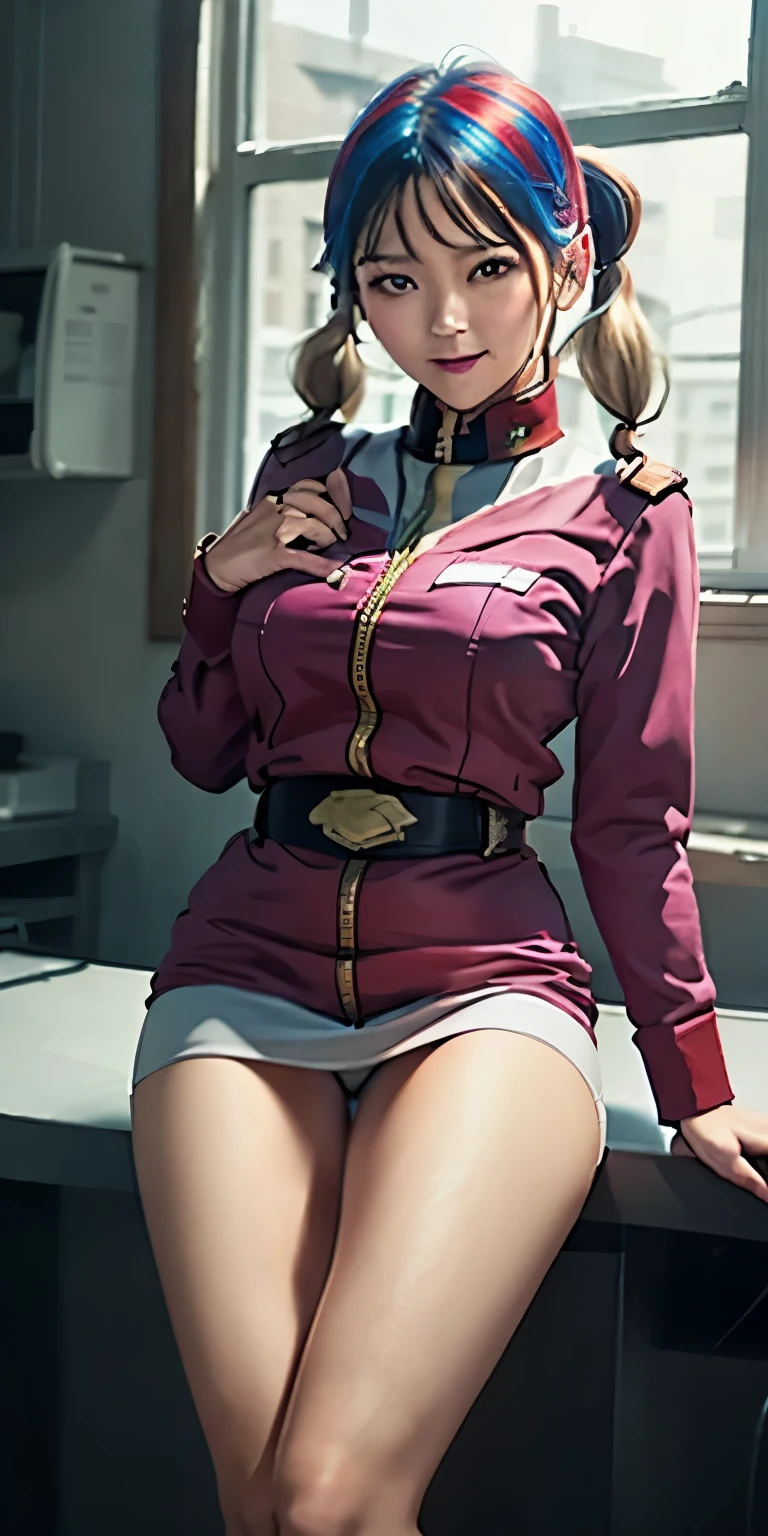 (8K、Raw 写真y、shot by DSLR,highest quality、masterpiece:1.2),(bright hair、Pigtails:1.7),show viewer,Looking at the front,erotic、realisticspread legs、show white panties,。wearing federal military costumes.:1.4)、(Clothing that emphasizes the shape of your chest:1.3)、(big breasts :1.2)、、ultra high resolution,beautiful,beautiful fece,whole bodyボディー,、(black eye、japanese woman: 1.3),(Photoreal:1.37)、beautiful太もも、beautifulパンティ、beautiful写真, (I can see your knees,close up of thighs、the skirt is too short、spread your legs、show off white panties:1.1),whole body、super fine