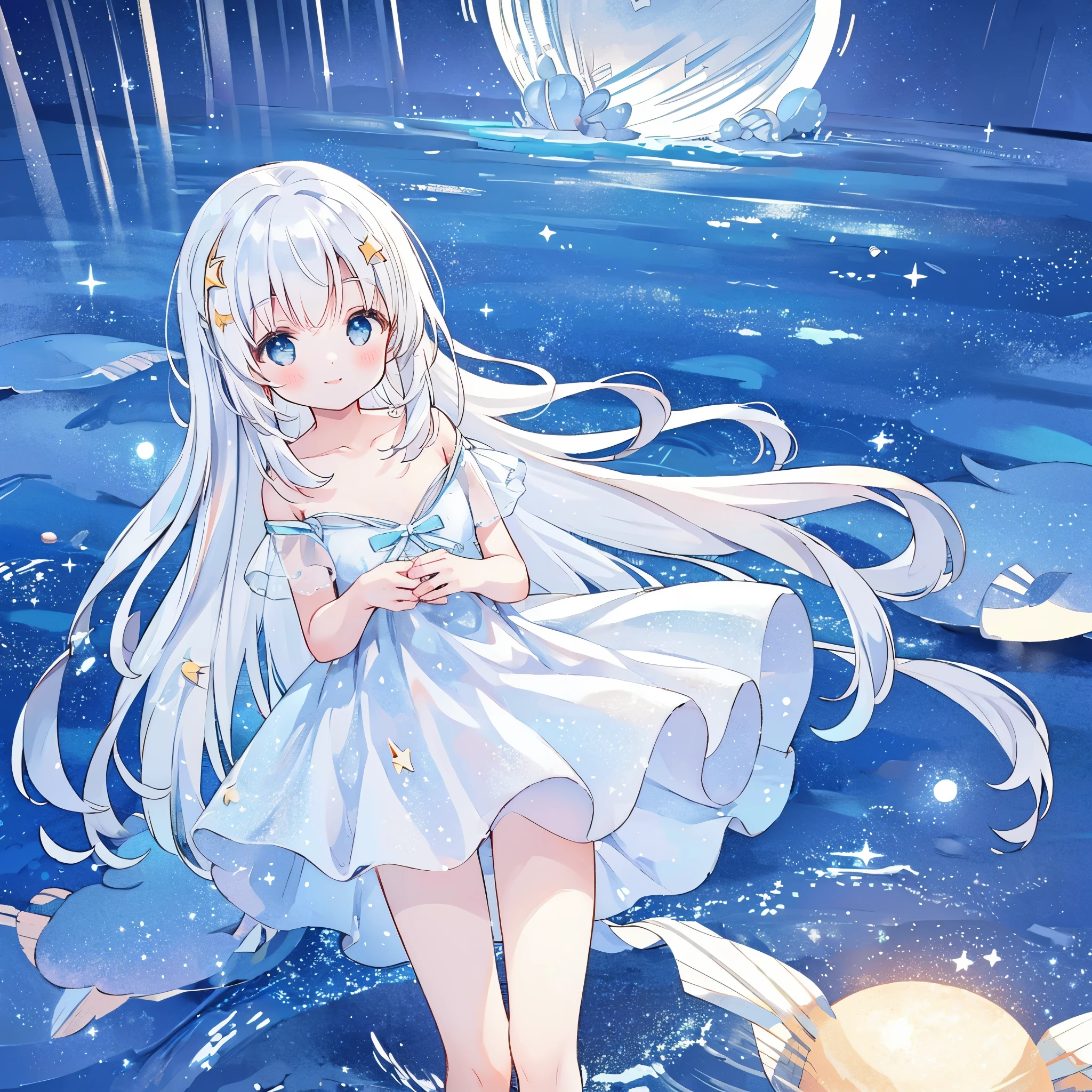 an ocean of stars, night sky, colorful, ethereal, charming girl in a white sheer doll dress, white hair, walking on the water, Her smile was filled with tenderness and joy, giant crescent white moon dipping into the water in the background, (((((((stars))))))