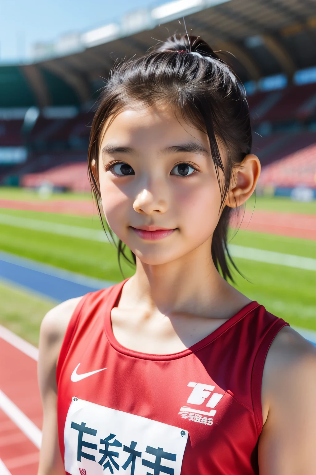 (Beautiful 6 year old Japanese female track and field athlete), cute face, (deeply carved face:0.7), (freckles:0.6), soft light,healthy white skin, shy, bob, (serious face), (sparkling eyes), athletics stadium, athlete, thin