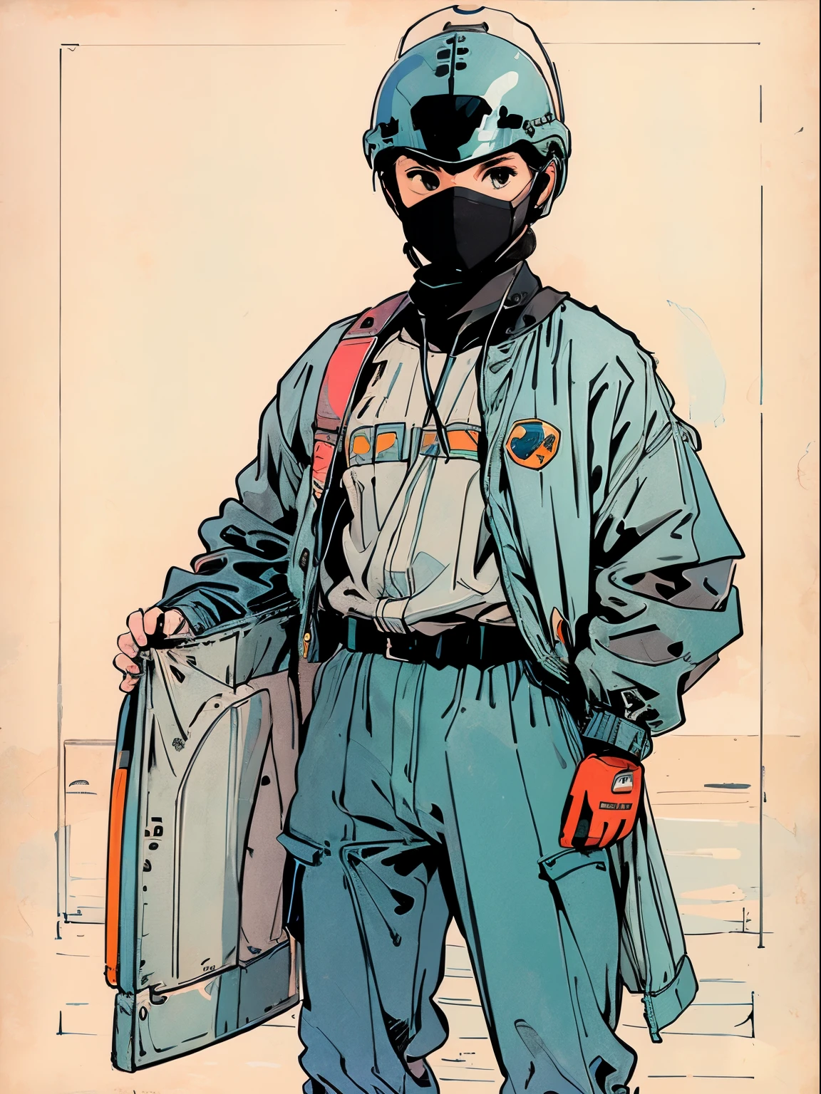  (ultra detailed,ultra high res,detailed background),((2D)),((flat color)),((muted color)), 1solo, looking at viewer, wearing a wetsuit, (helmet with mask), utility belt, full body image, square helmet