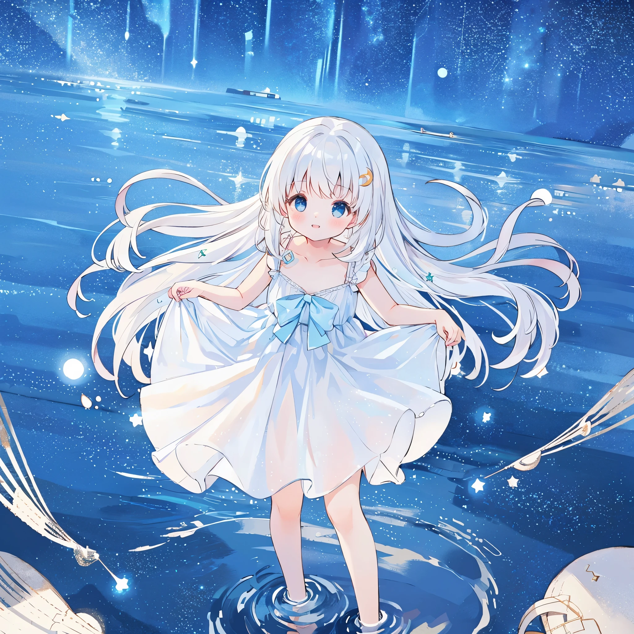 an ocean of stars, night sky, colorful, ethereal, charming girl in a white sheer doll dress, white hair, walking on the water, Her smile was filled with tenderness and joy, giant crescent white moon dipping into the water in the background, (((((((stars))))))